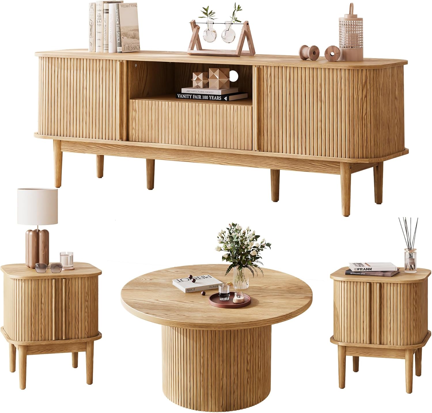 Living Room Table Sets of 4, Sliding Doors End Table & TV Stand, Wood Coffee Table with Storage, Fluted TV Stand for Bedroom, Living Room (Natural)