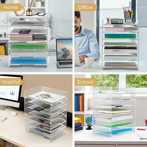 Vista 23 de MaxGear Bandeja acrílica de 2 niveles, organizador de papel de escritorio apilable, bandeja transparente para archivos y documentos con extraíble