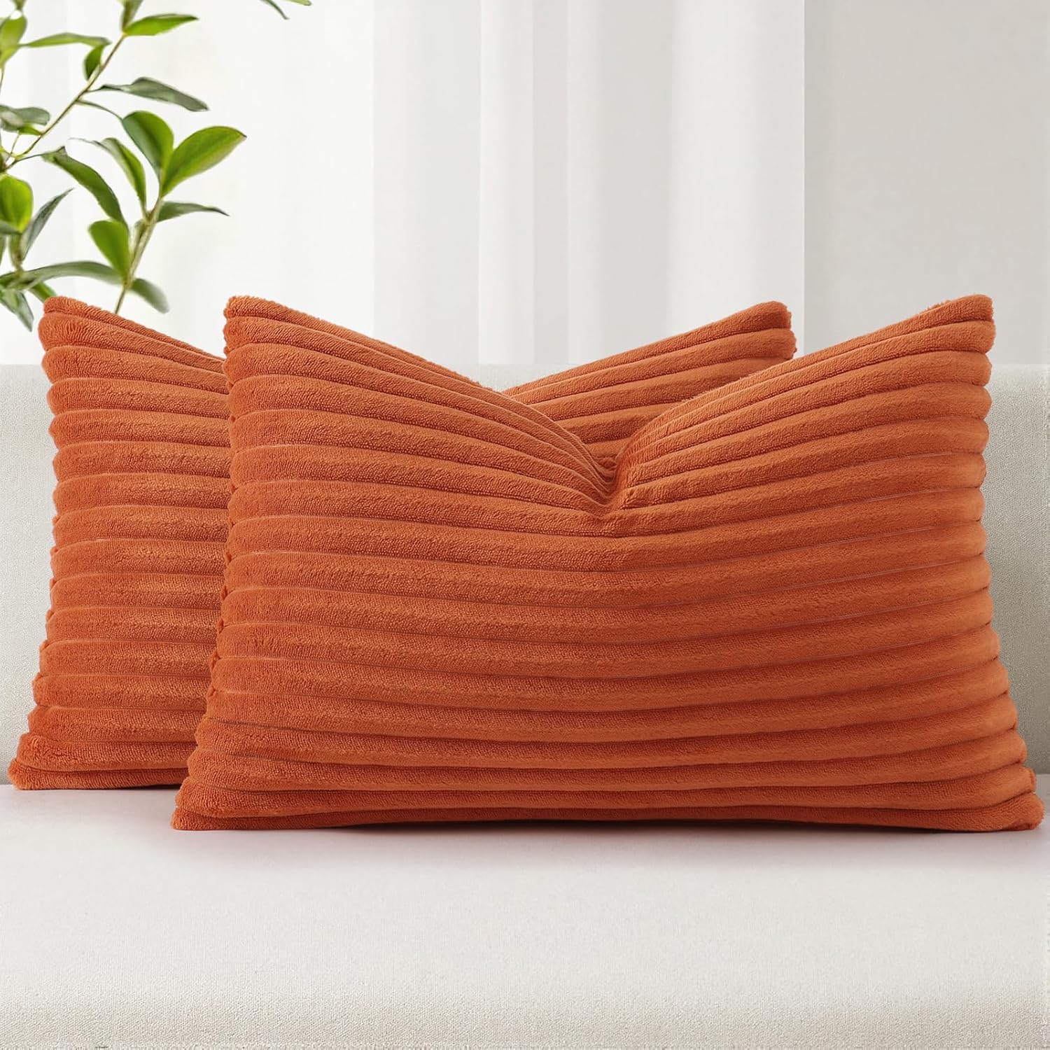 Simmore Decorative Spring Throw Pillow Covers 12x20 Set of 2, Soft Natural Plush Flannel Double-Sided Fluffy Lumbar Pillow Covers for Couch Sofa Living Room, Rust