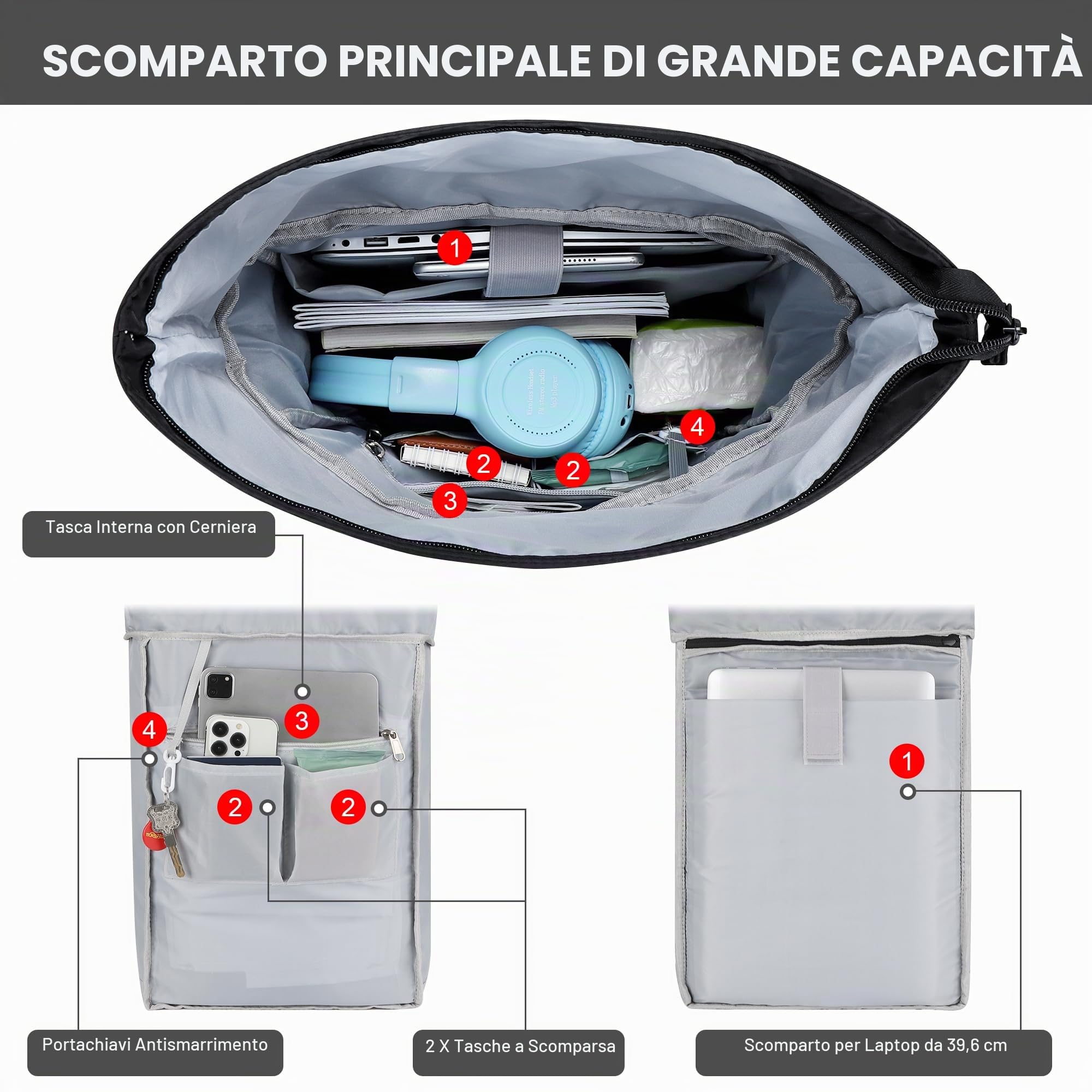 Zaino da Viaggio, Zaino Rolltop Backpack per Laptop Porta PC 15,6 Pollici, Zaino Università Zaini Antifurto Espandibile 18-25L per Donne Uomini Zainetto Daypack Casual per scuola, Lavoro Nero