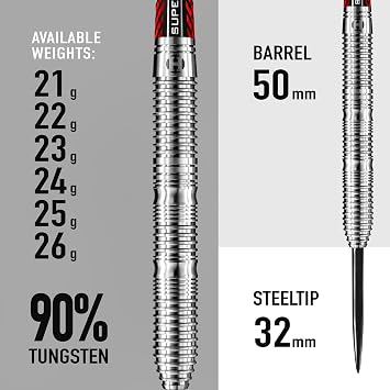 Harrows Rival 90% Tungsten Barrel Steel Tip Darts Set 21g, 22g, 23g, 24g, 25g & 26g - Includes Trilateral Barrel Grip, Red Supergrip Ignite Midi Shafts & Micron Prime Flights