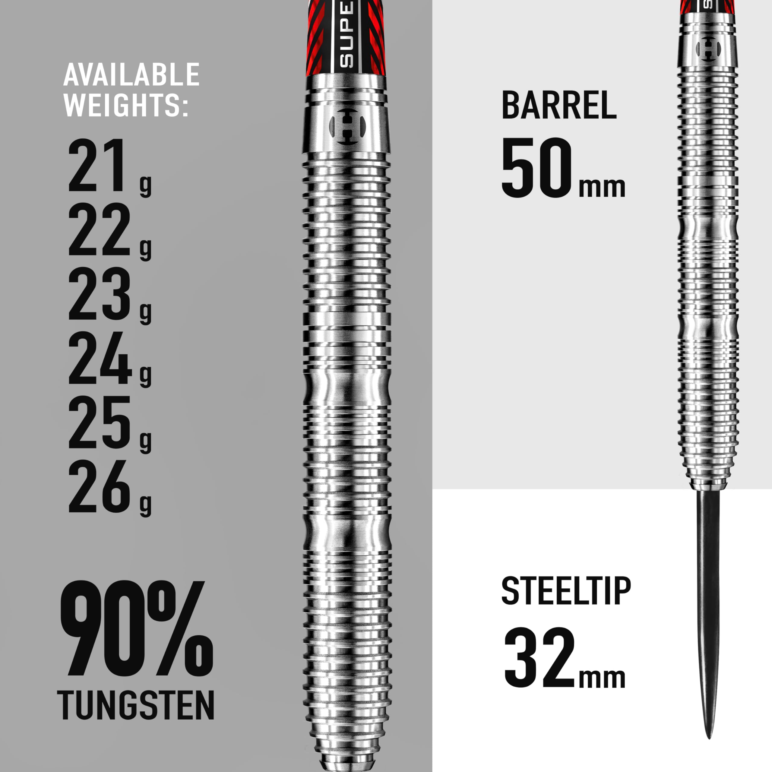 Harrows Rival - Set di freccette con punta in acciaio al 90% tungsteno, 21 g, 22 g, 23 g, 24 g, 25 g e 26 g, include impugnatura trilaterale, asta Supergrip rossa Ignite Midi e alette Micron Prime