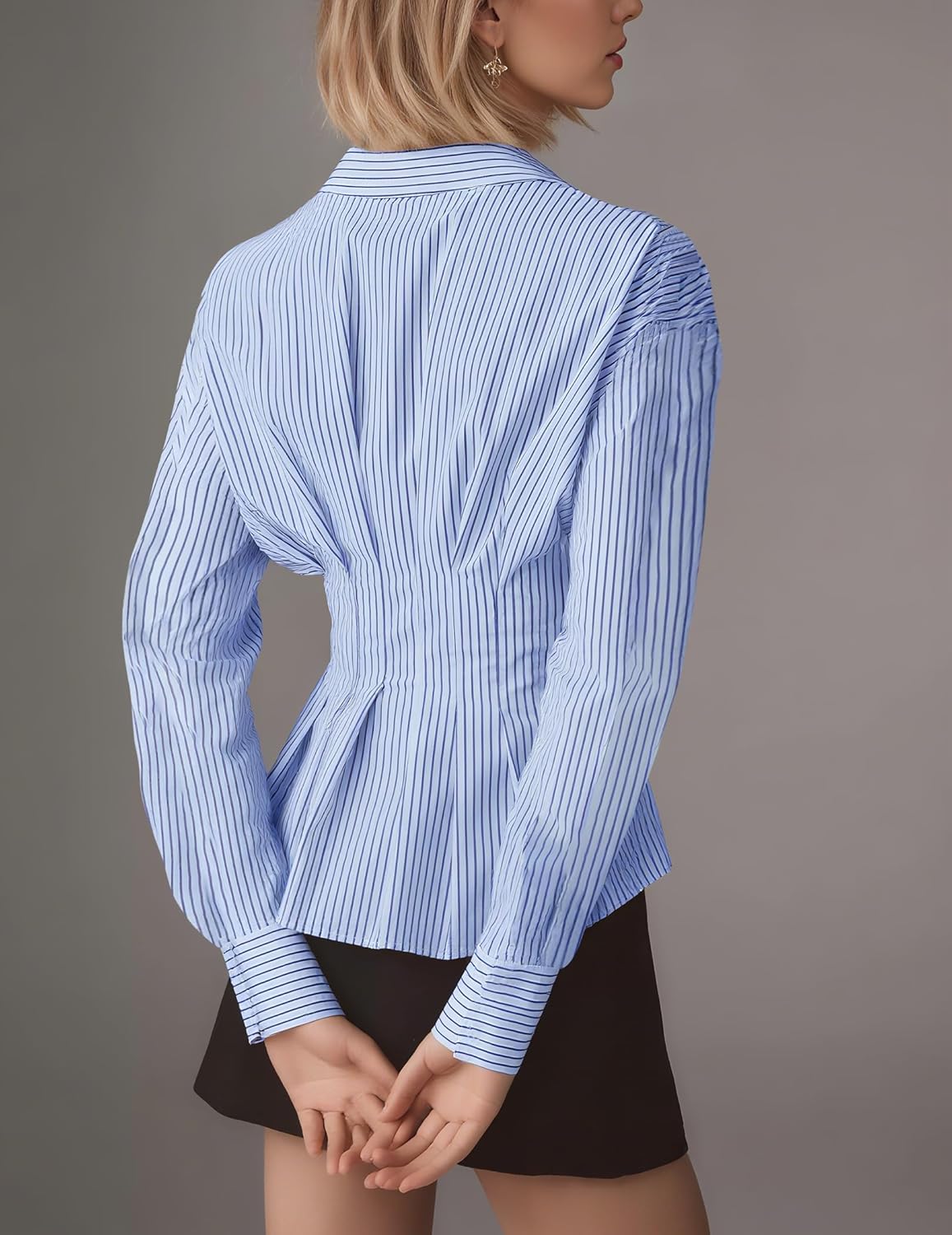 Striped Button Down Shirts for Women Long Sleeve Pleated Peplum Blouse Tops Casual Business - Image 2