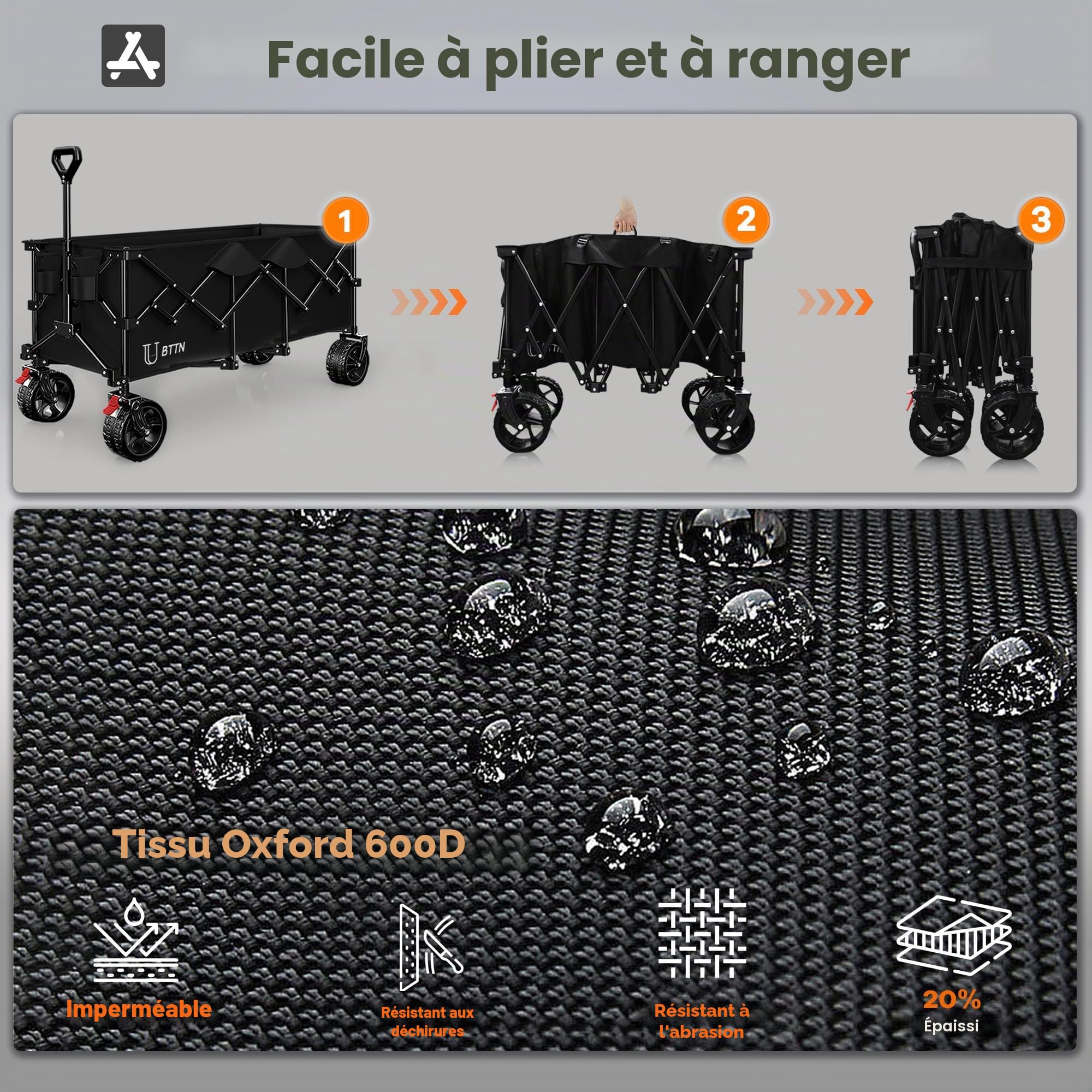 BTTN XXXL Chariot Pliable 300 L / 210 kg de capacité – avec freins, pneus larges 18×10 cm – Chariot pliable pour jardin, plage, camping et courses – Noir