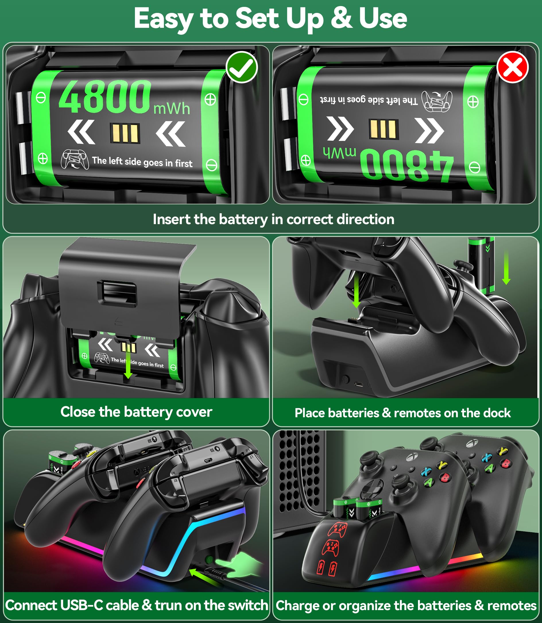 Ricarica per X-box Controller e Batterie, 4x4800mWh (4x2000mAh) Batterie per Controller X-box Series/One X/S/Elite, Caricatore per X-box con 4 Batterie Ricaricabili e 4 Coperchi per Batterie