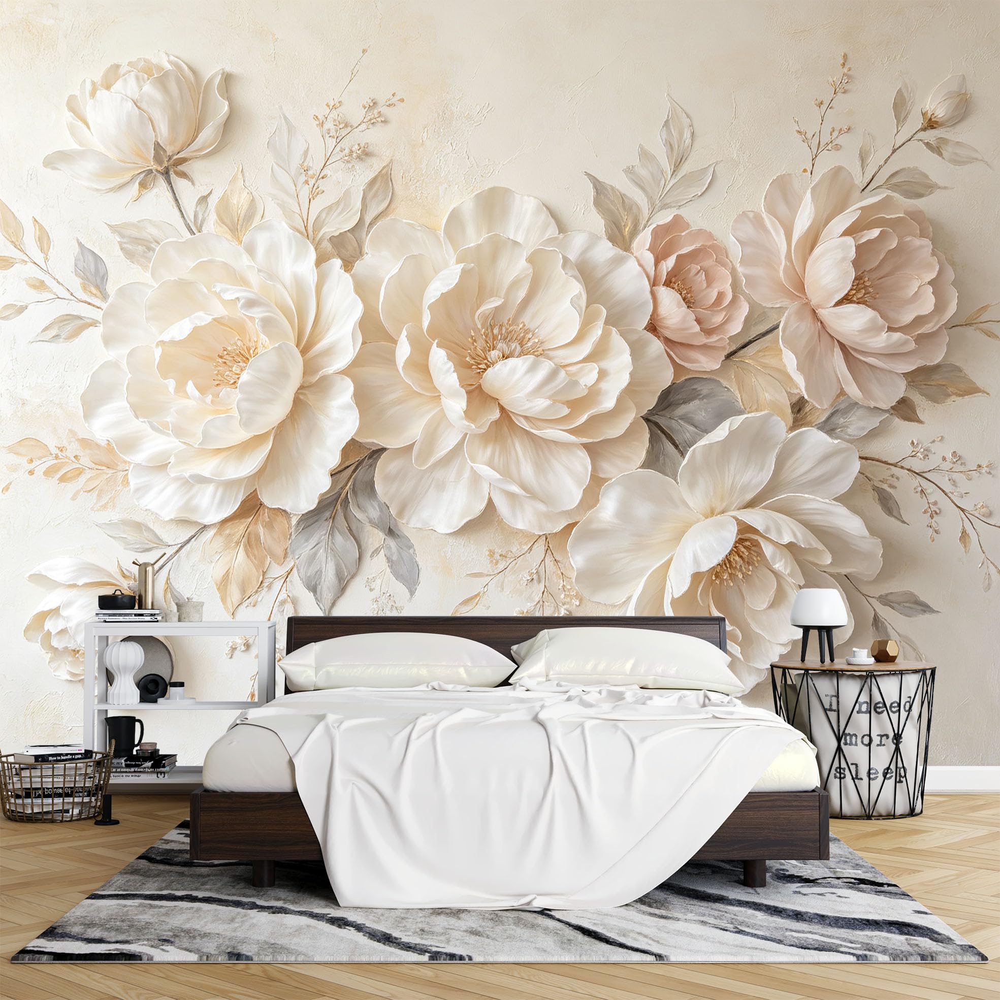 Papier Peint Photo 3D Intissé 265 x 280 cm Motif Pivoines Crème Fresque Murale Florale Vintage Décoration Fresque Murale Moderne pour Salon Ou Chambre.