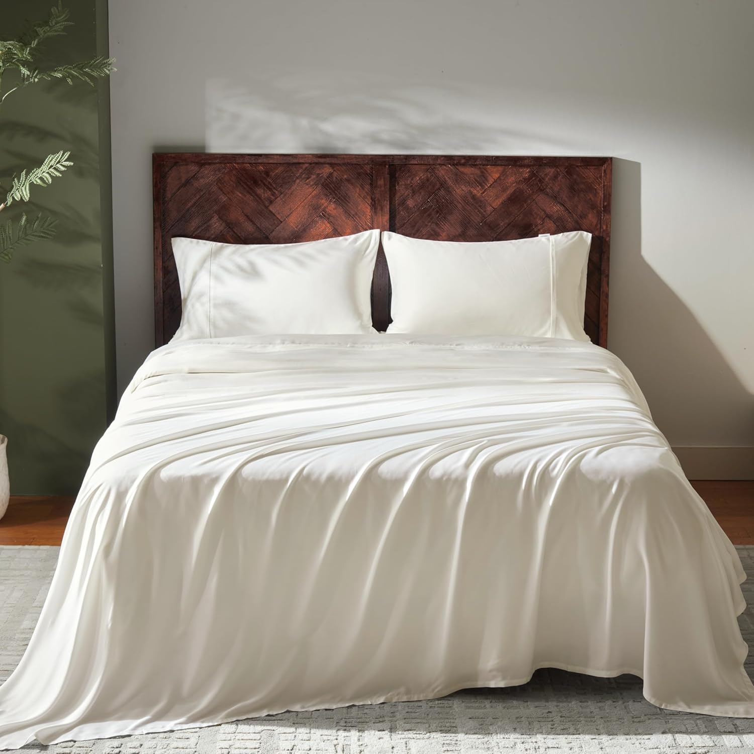 GOKOTTA Queen Size Bed Sheets 4 Piece Set, 100% Rayon Derived from Bamboo, Cooling for Hot Sleepers-Luxury Breathable Soft Sheets, Deep Pocket 16" Fitted Sheet with Elastic Corner Straps, Cream White 01 Cream White Queen - 4 PCS