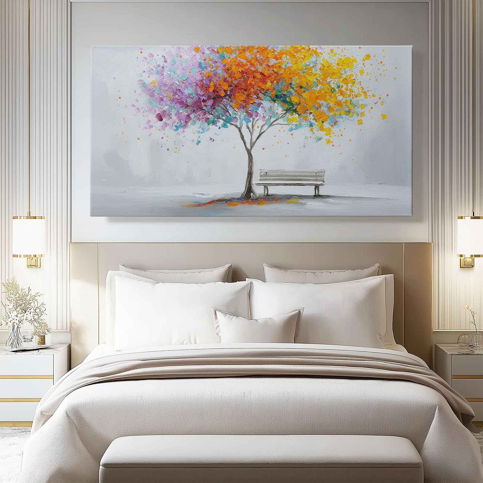 Tela artistica da parete minimalista con albero di piante, stampe moderne e casual su tela per soggiorno, camera da letto, ufficio, grigio bianco, impermeabile, immagini da parete per bagno, 99 x 50,8