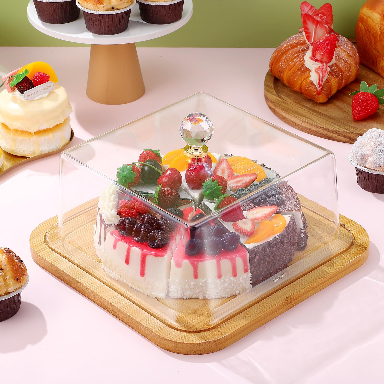 Plateau à Gâteau en Bois avec Couvercle Transparent en Acrylique, Design Simple pour Présentation et Conservation des Desserts sur Table