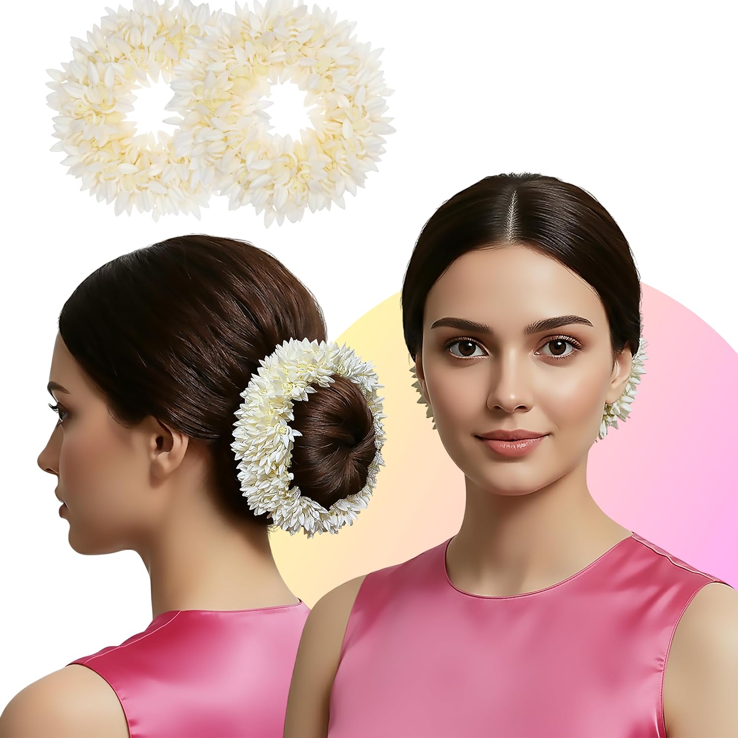 Four Axis (2 Pcs) White Premium Mogra Gajra Hair Accessories, Scented, Hair Flower Bun, Artificial Gajra Scrunchies Rubber Band