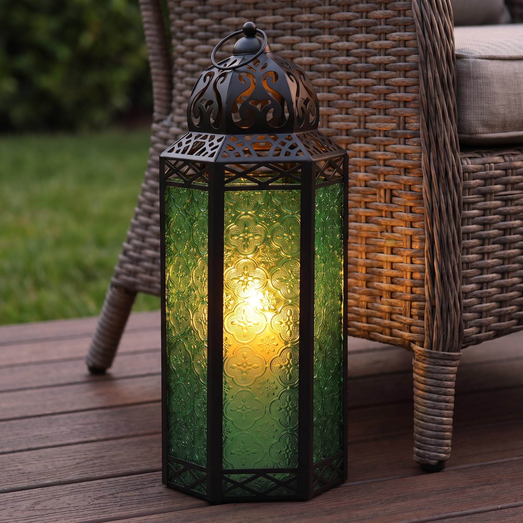 Lanterna decorativa marocchina in metallo nero, portacandela per interni ed esterni, decorazione per la casa, extra large, verde