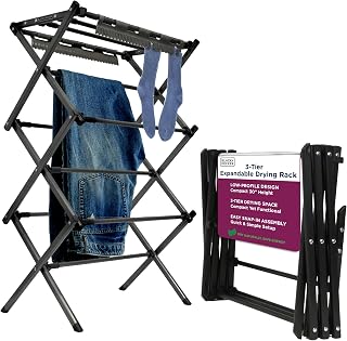 BLACK+DECKER Space Saving 3-Tier Expandable Clothes Drying Rack, Foldable Laundry Rack for Indoor Air Drying, Rust Resistant Steel, 24.6 Ft Drying Space, Black