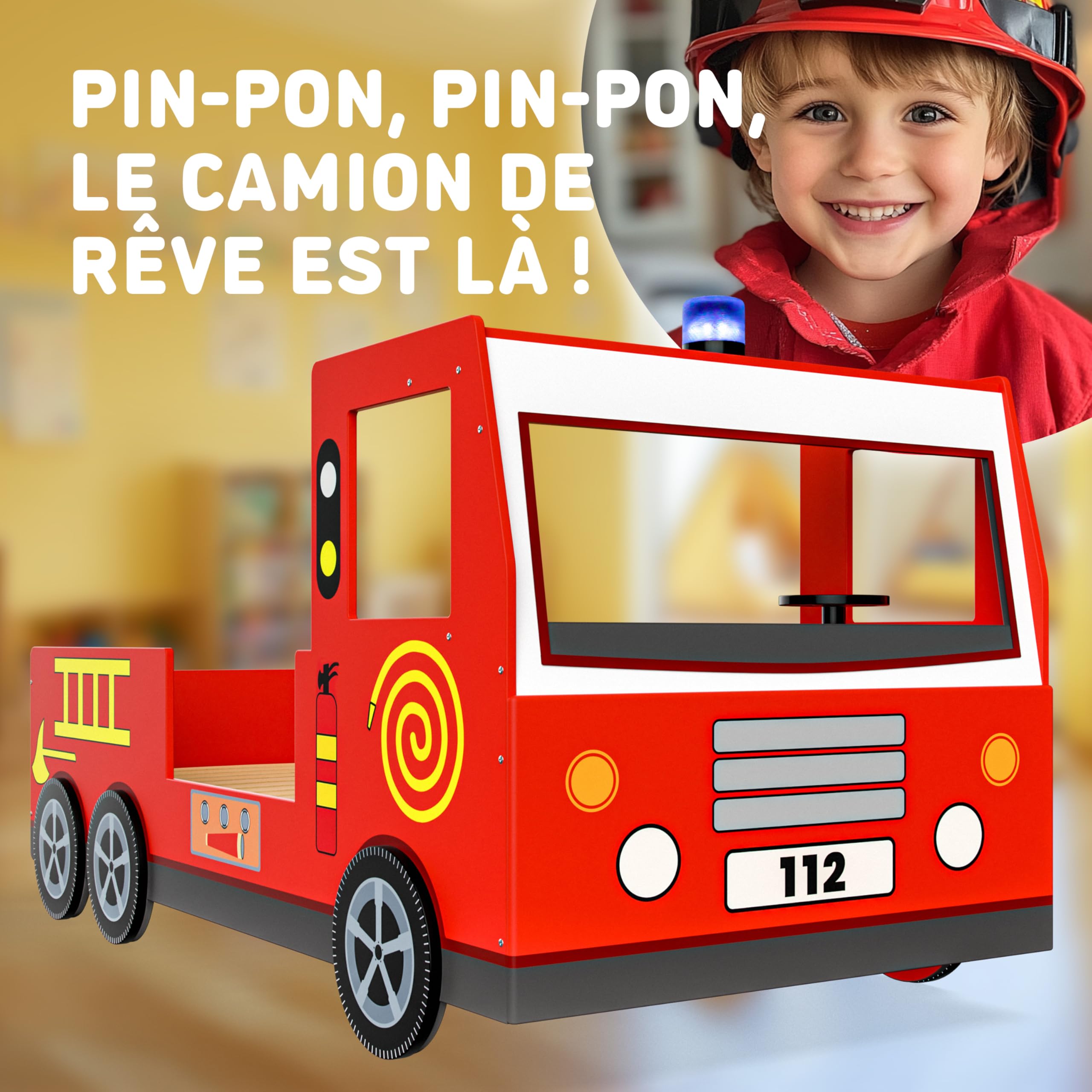 Casaria® Lit Enfant Camion de Pompier 90x200 cm Rouge - Lit Voiture avec Sommier à Lattes Inclus, Barrières Anti-Chute, Gyrophare Lumineux & Volant - Lit Garçon Bois MDF