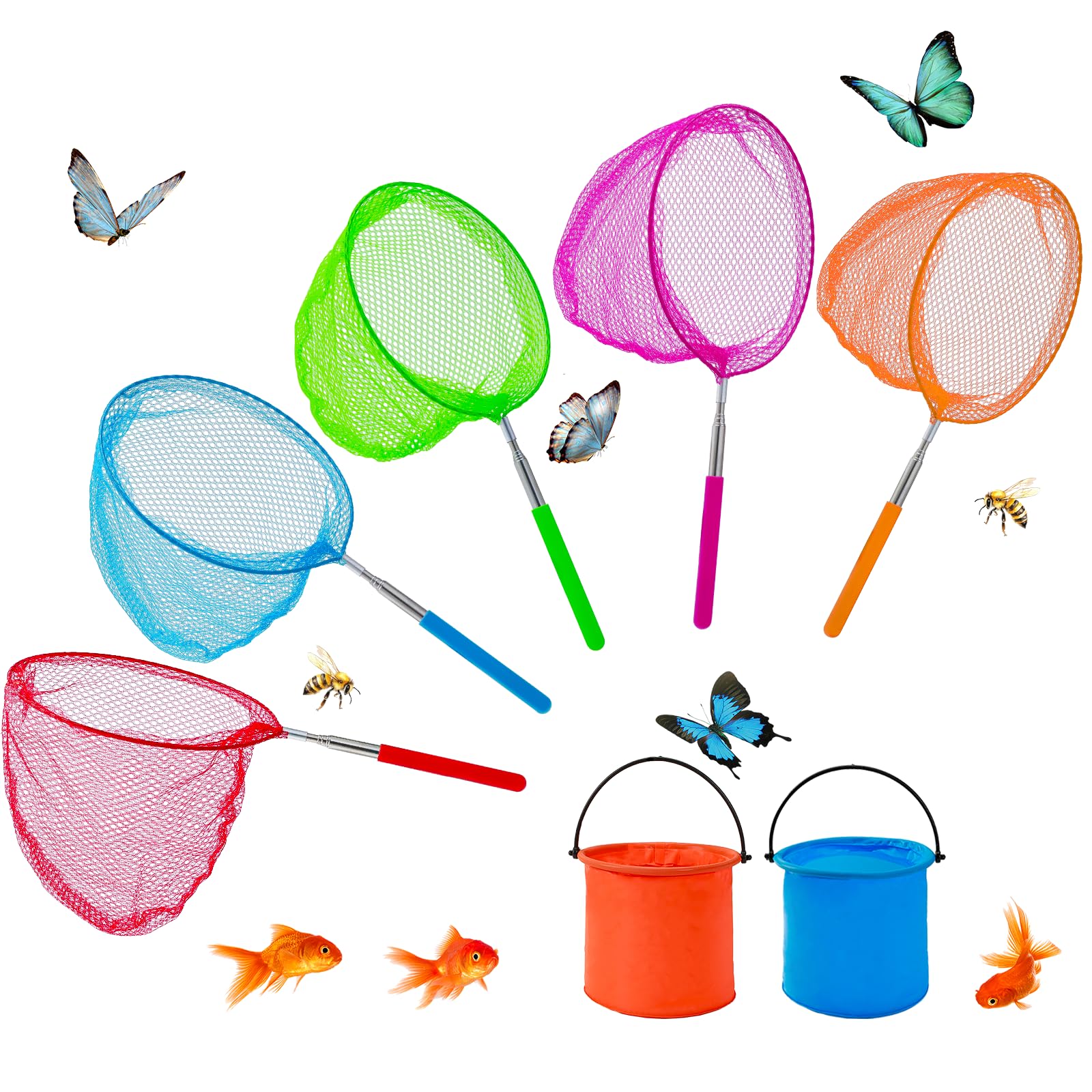 Retino per Bambini, Retino Telescopico per Bambini, Set da 7 Pezzi include 5 Retini per Farfalle e 2 Secchio Pieghevole, Retino da Pesca per Bambini per Catturare Insetti, Pesci, Giardino