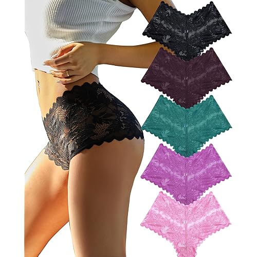 FINETOO Sexy Underwear for Women V-Waist Shorts Women' s Underwear Lightweight Soft Lace High Waist Panties 5 Pack