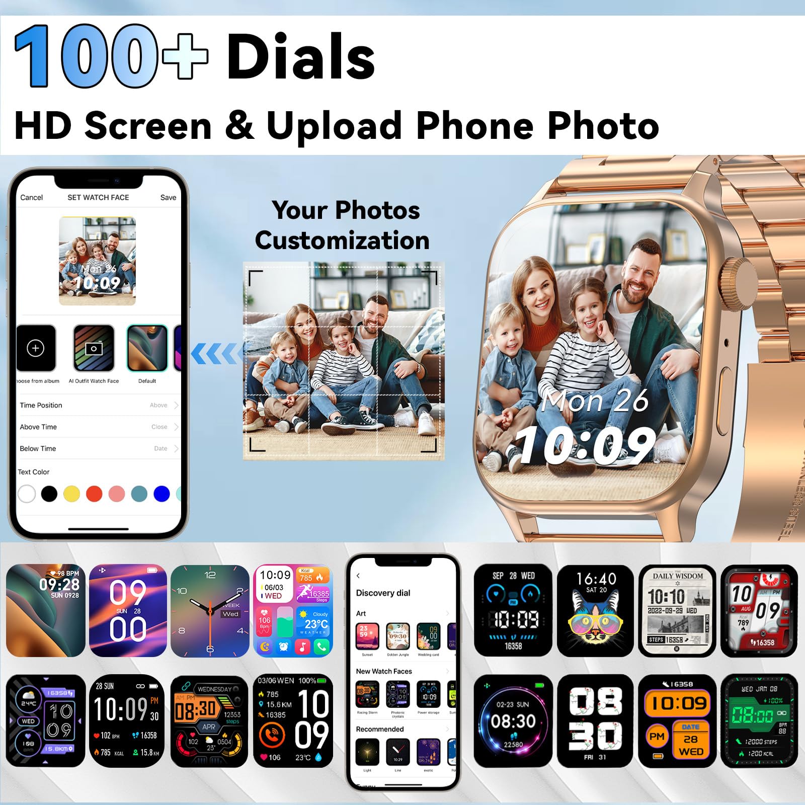 Montre Connectée Homme Femme, avec 2 Bracelets Réglables, la Fonction D'appel et L'assistant Vocal, 100+ Modes Sportifs, Smartwatch, Compatible avec Android et iOS, Dorée
