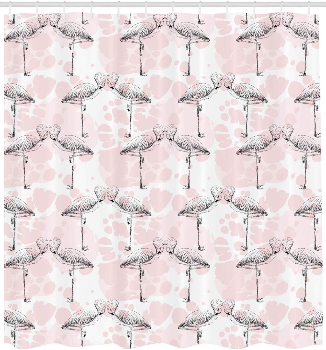 Ambesonne Romantic Shower Curtain, Flamingos Shaping Hearts Heads Love Animal Valentines Illustration, Cloth Fabric Bathroom Decor Set with Hooks, 69" W x 84" L, Pale Pink Grey