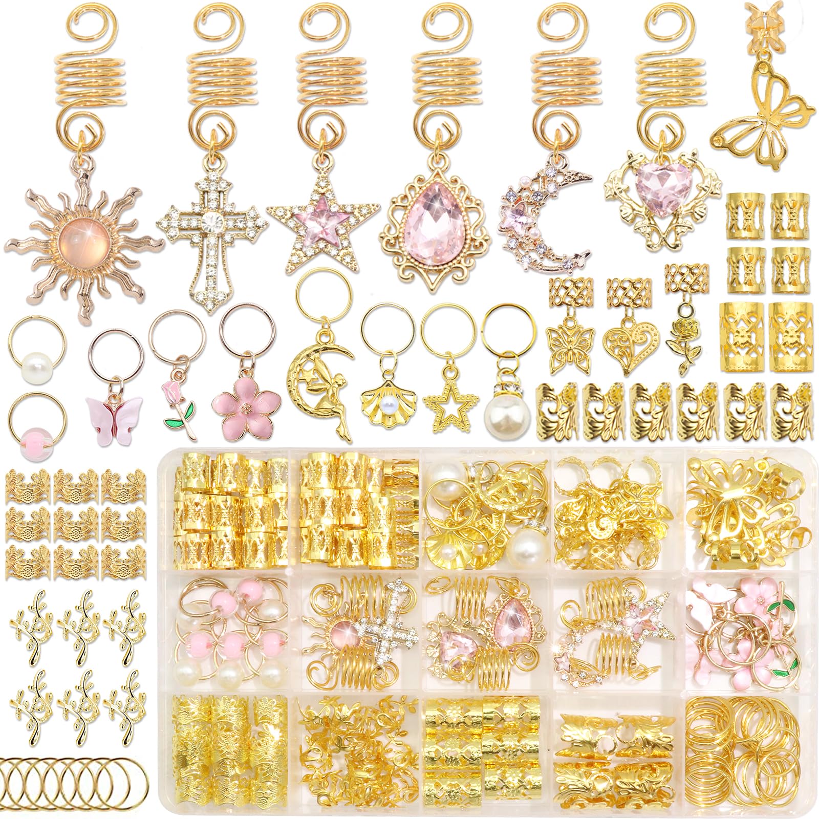 VENOFEN 154PCS Hair Jewelry for Braids Pink Crystal Loc Jewelry Butterfly Heart Braid Clips Pearls Flower Dreadlock Accessories Multi Style Crystal