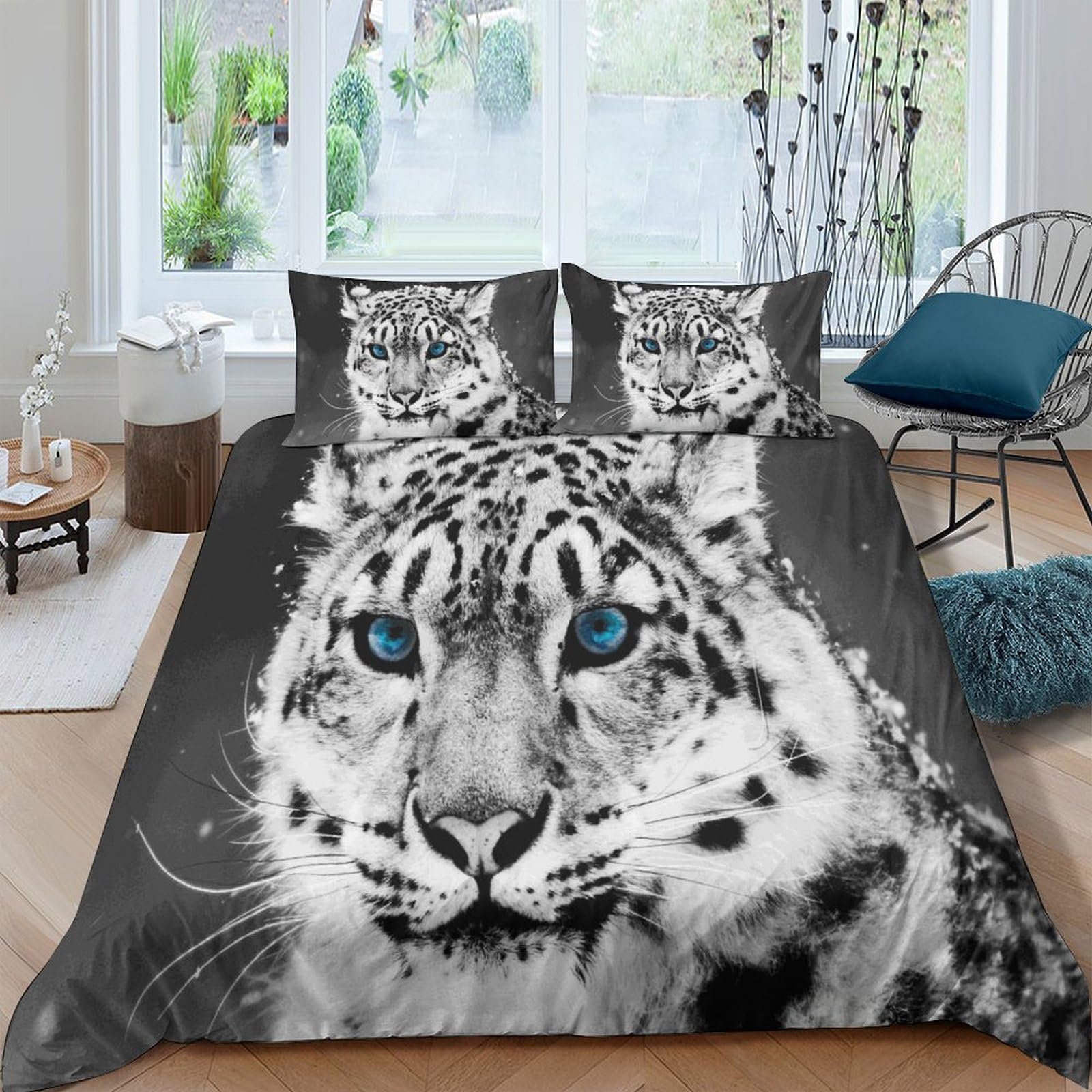 Housse de couette léopard des neiges sans repassage avec zip pour lit King Size