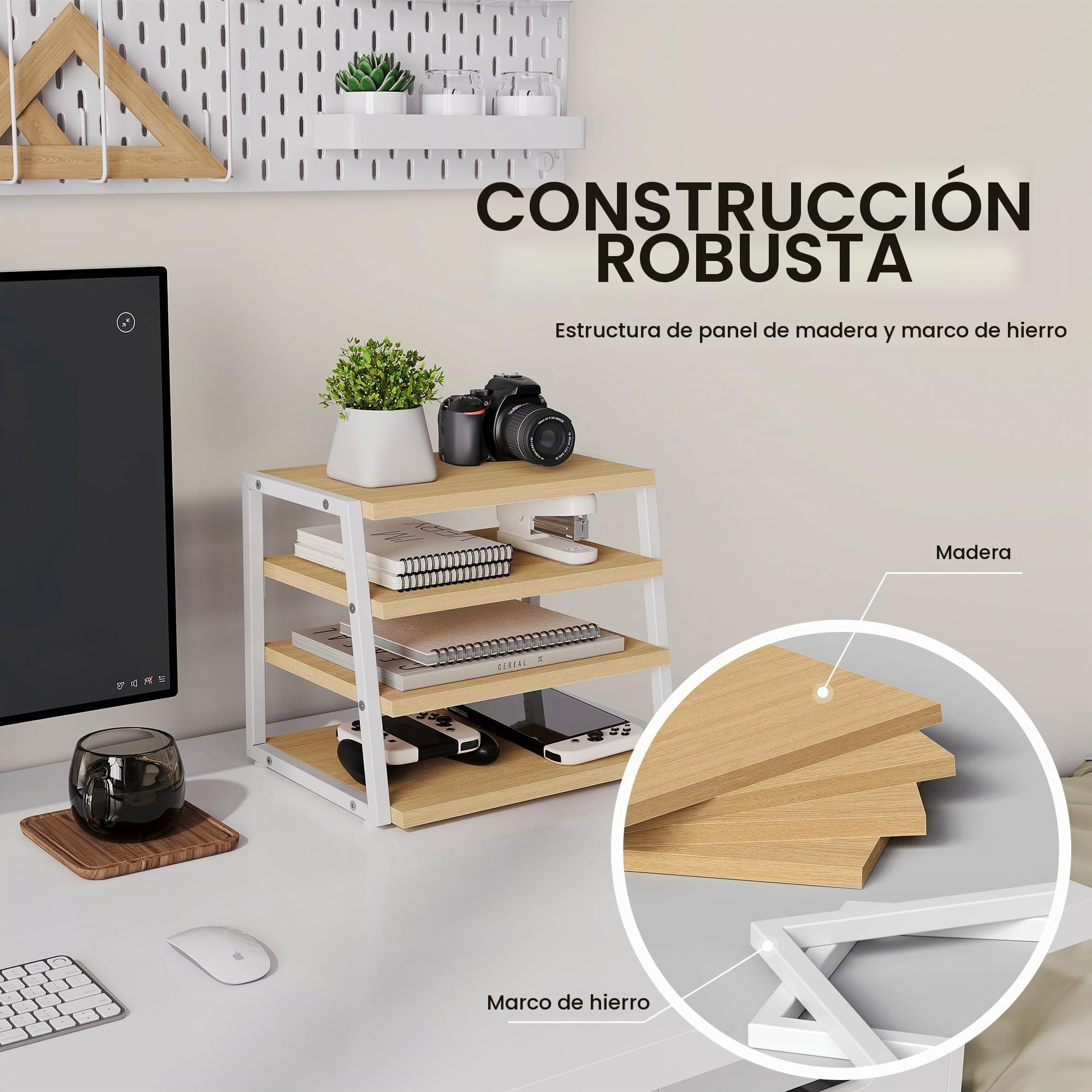 Fenge Organizador de Escritorio, Archivador de Documentos A4, Bandeja de Cartas con 3 Compartimentos, Soporte de Madera para Archivos, Clasificador de Documentos para Oficina y Estudio, Roble