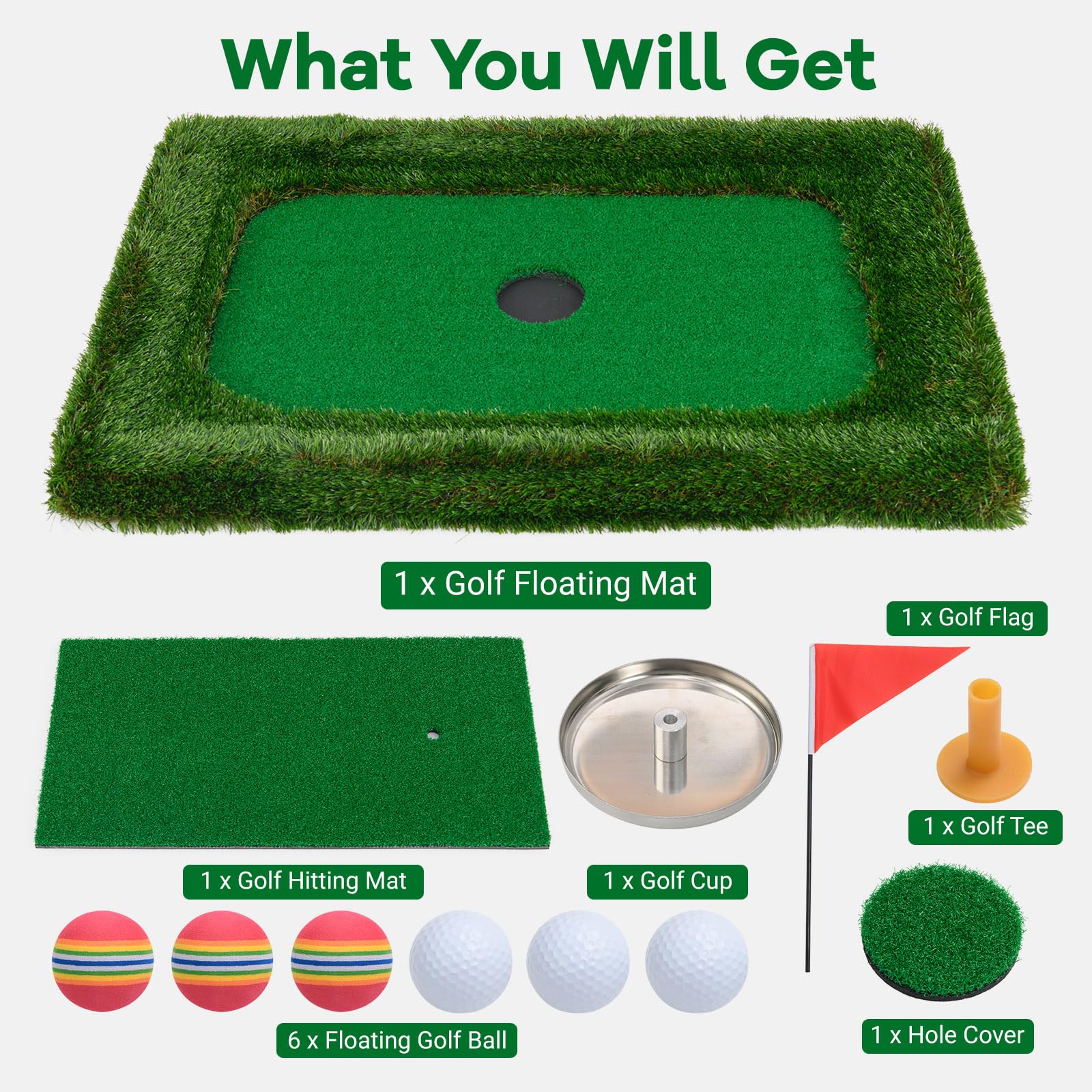ULTIMATE Floating Golf Green for Pool, Floating Chipping Green Mat w/Hitting Mat, Golf Balls, Flag and Tee for Golf Practice, Golf Putting Mat for Golf Game (Rectangular, 37.5