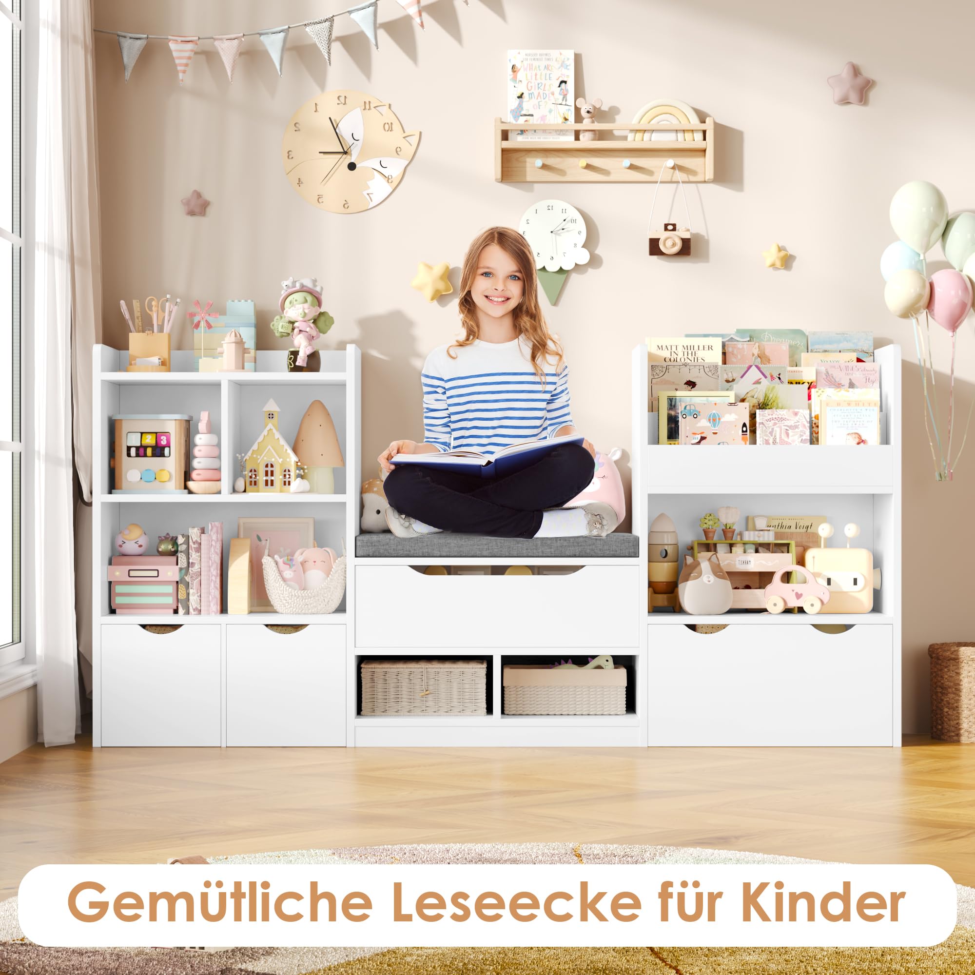 FOREHILL 183cm Breit Kinderregal mit Sitzbank, Kinderzimmer Möbel mit 3 Aufbewahrungsboxen für Spielzeug Bücherregal für Kinder mit 3 Ebenen, Regal für Kinderzimmer Leseecke 183,5x94,5x29,8 cm Weiß