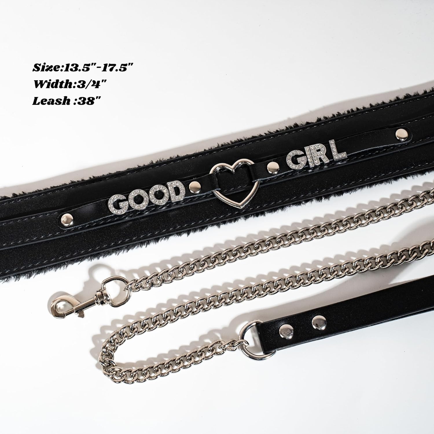 Black Furry Heart Ring Leather Choker and Leash Set, Punk Gothic Grunge Emo Necklace For Women, Rhinestones Letter Collar with Durable Aluminum Chain Leash