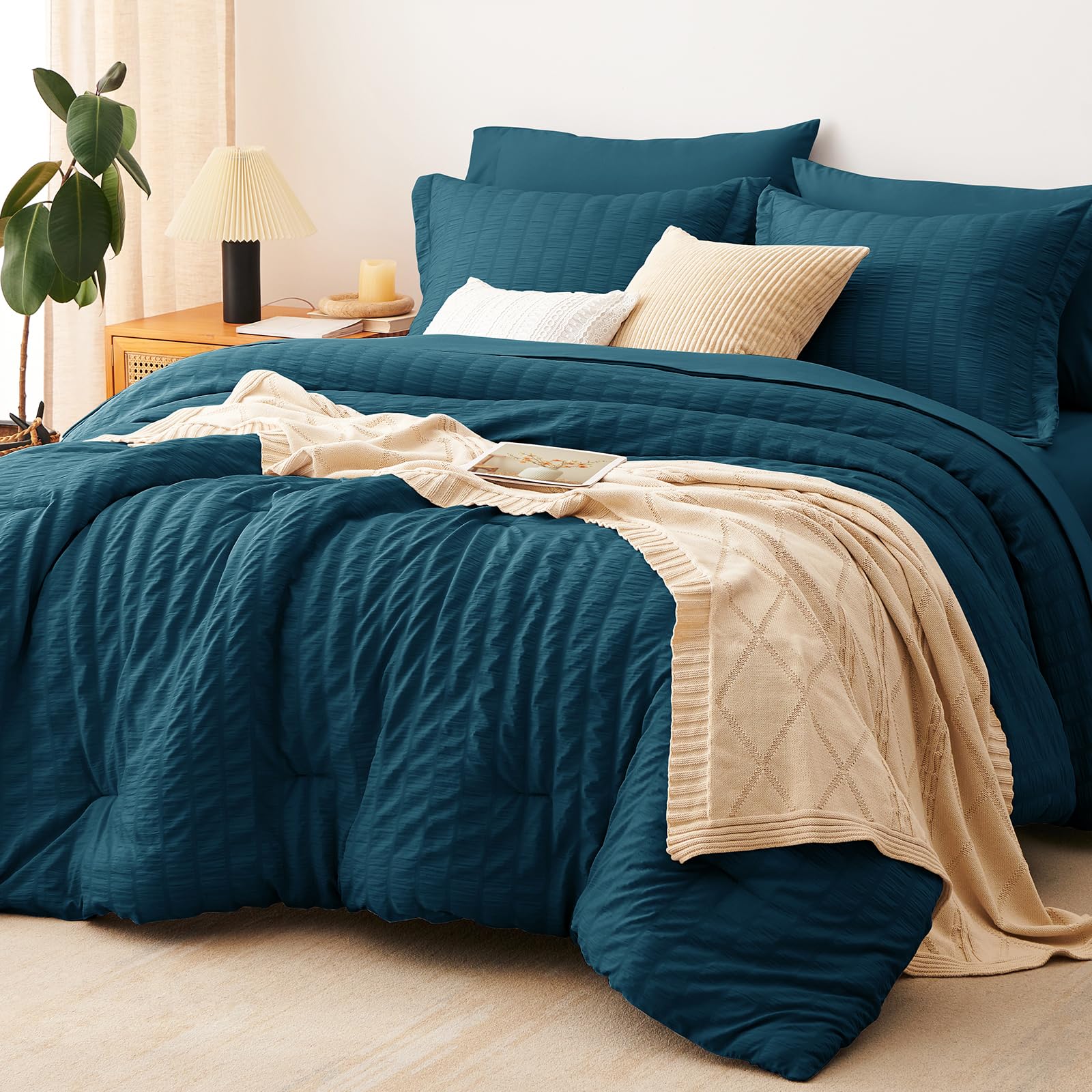 CozyLux Full Size Comforter Set 7 Pieces Lyons Blue Seersucker Bed in a Bag