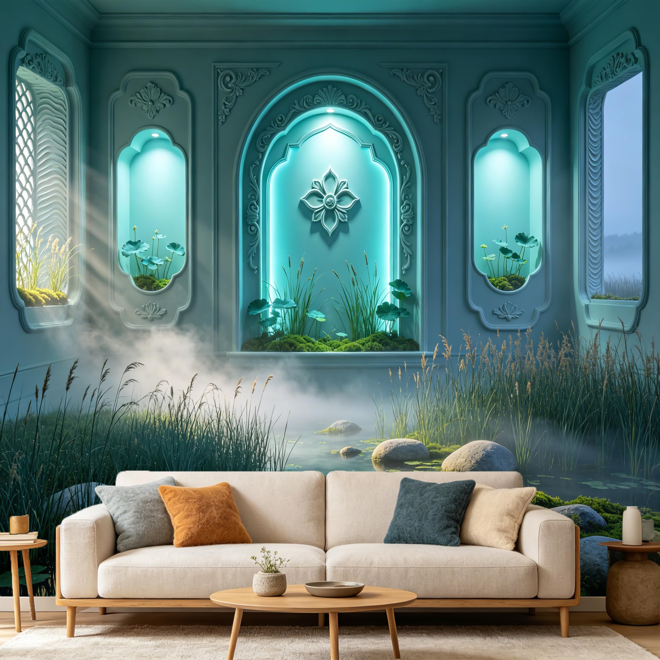 Custom Size Wall Mural Zen Garden Pond Lotus Mist Neoclassical Architecture Archway Botanical Nature SelfAdhesive Art Prints wall Fabric Removable Large Wallpaper Home Living Room Decor