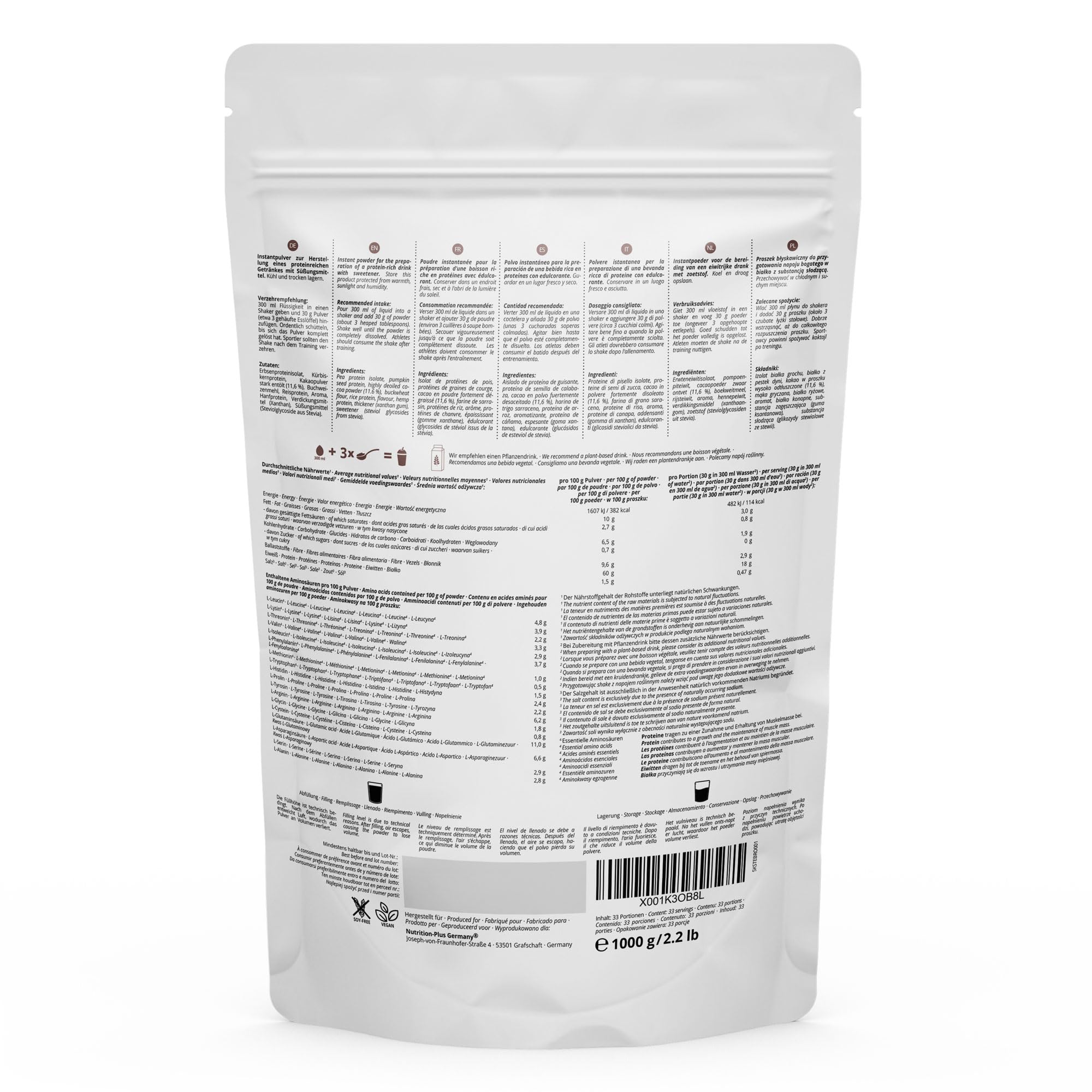 Nutri + Protéine végan - Brownie au chocolat Poudre de protéines végétaliennes sans sucralose ni soja Protéines de riz, pois, chanvre, sarrasin et de graines de citrouille 1kg