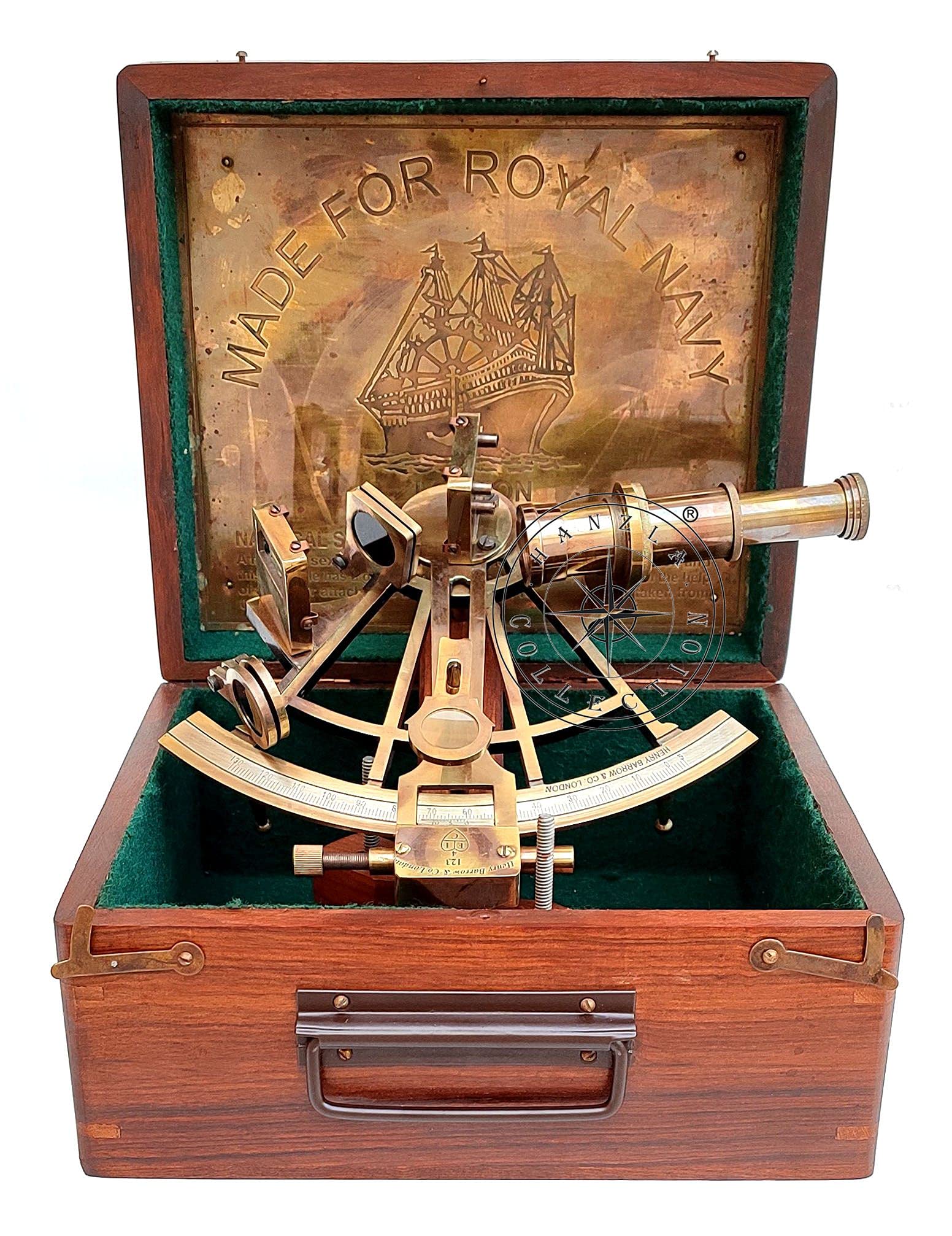 Made for Royal Navy London 8" Brass Ship Sextant with Hardwood Box
