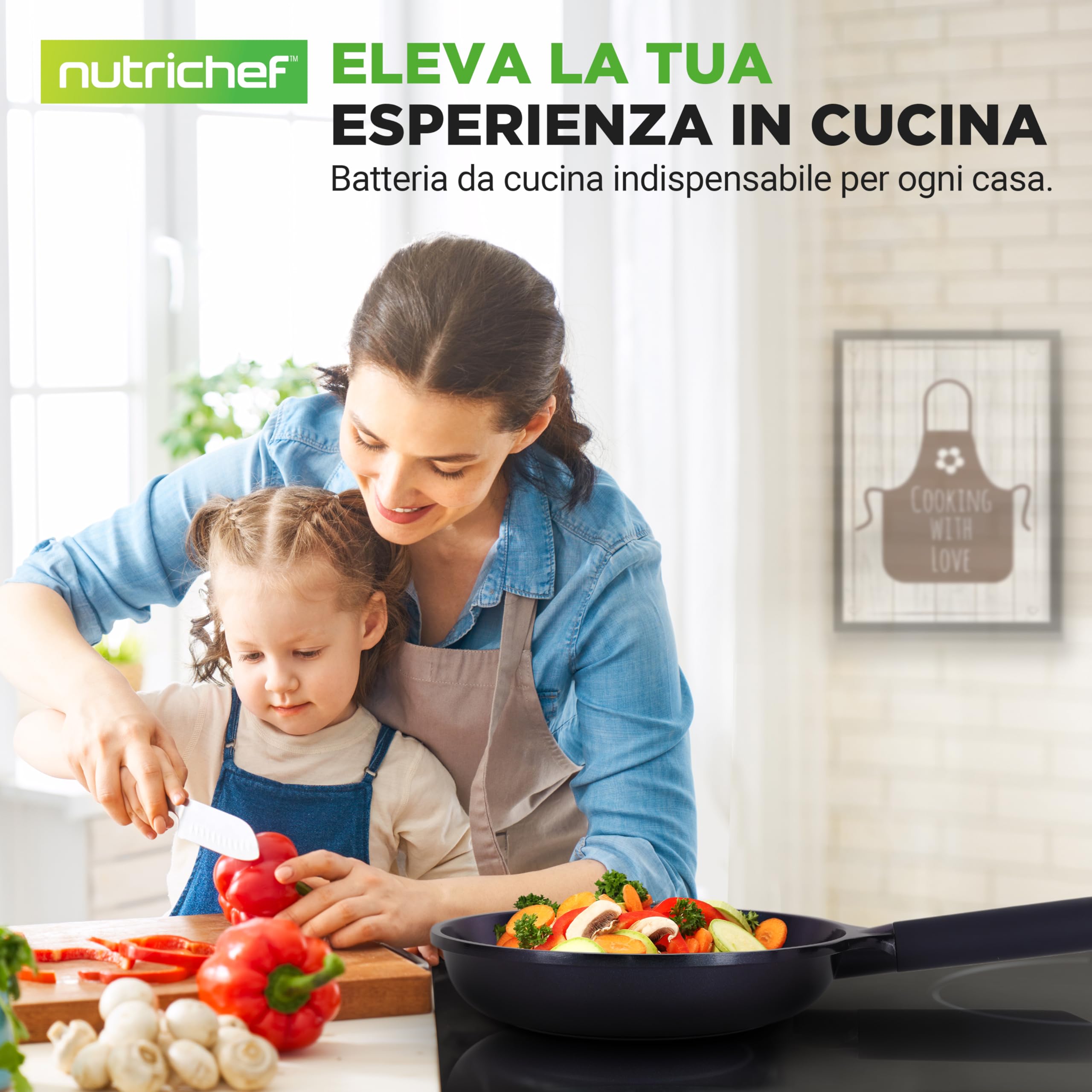 NutriChef Set 5 Pezzi con Padella Antiaderente in Ceramica, Wok, Padelle Antiaderenti per Griglia e Pesce, Compatibili Induzione, Manici Isolanti, Facile da Pulire