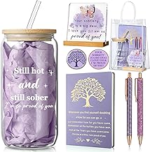 7 Pcs Sobriety Gifts Set for Women Men Your Sobriety Is a Big Deal Plaque Sign Sober Glass Tumbler Leather Journal Notebook Pens Coin PVC Bag, Recovery Presents(Purple)