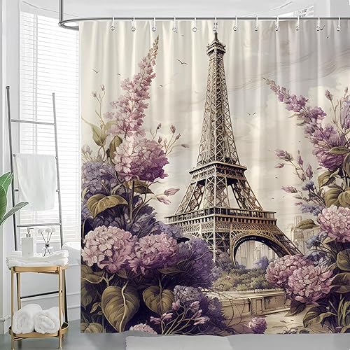 Miniatura 3 de Cortina de ducha de la Torre Eiffel, Francia, París, calles románticas, pintura al óleo, lavanda morada, jardín, naturaleza, flores silvestres, tela