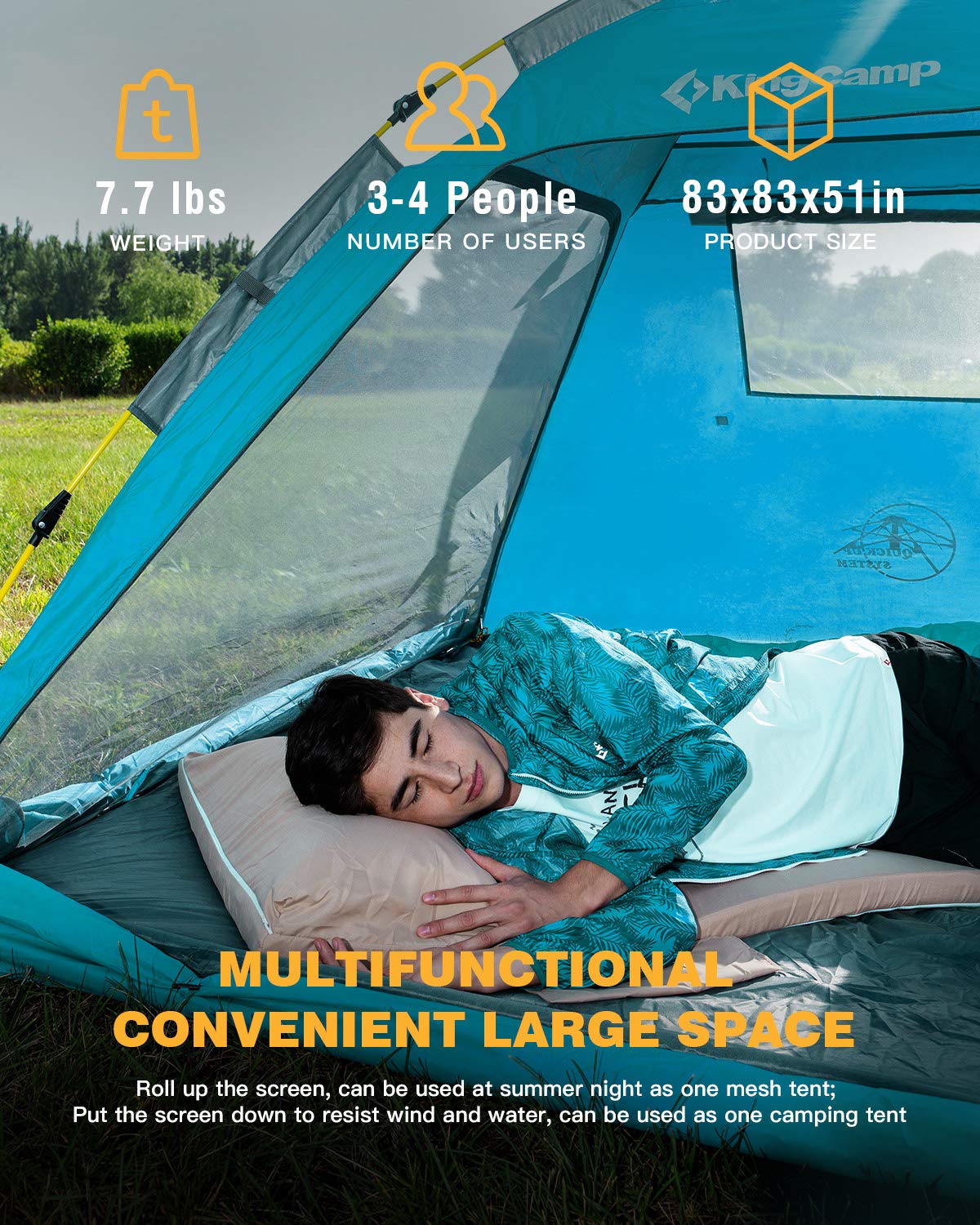 KingCamp キャンプテント　サンシェードテント ワンタッチ式　ブルー KingCamp ワンタッチ テント 3〜5人用 サンシェードテント