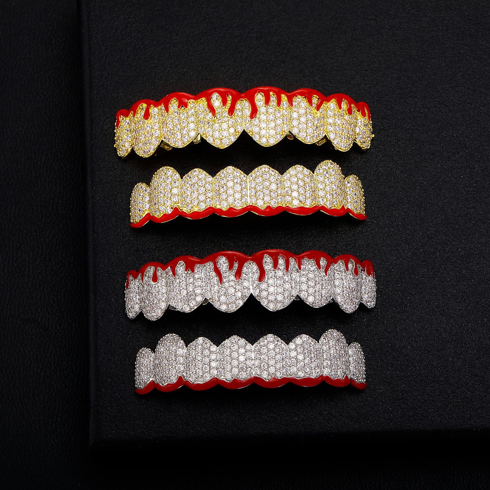 Generic Cosplay szelki Halloween śmieszne złote zęby 14k czerwony płomień cyrkon zęby Grillz - pozłacane mrożone CZ usta Grillz czapki, górny i dolny zestaw grilla, Rock Punk męska biżuteria, złota
