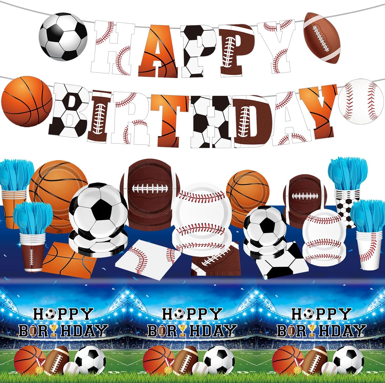 Sports Birthday Party Decorations 143Pcs Sports Plates and Napkins Cups Tablecloth Banner for Football Baseball Basketball Soccer Sports Themed Party Decorations Boy Sports Birthday Party Supplies