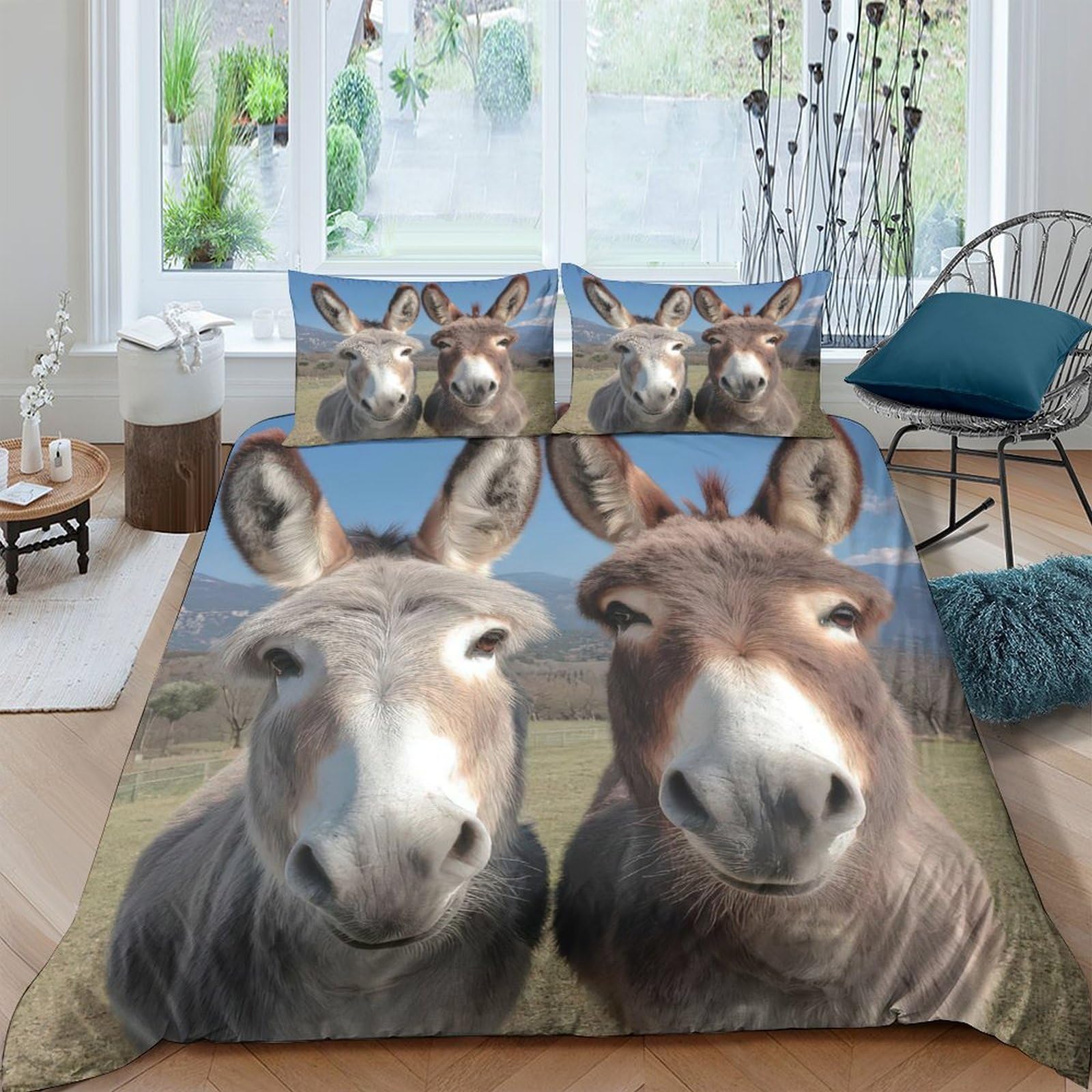 GPLZQXKJNH 3D Printed Donkey Animal Duvet Cover Microfiber Soft Breathable Farm Landscape Bedding Set with 2 Pillowcases for Bedroom Decor Single（135x200cm）