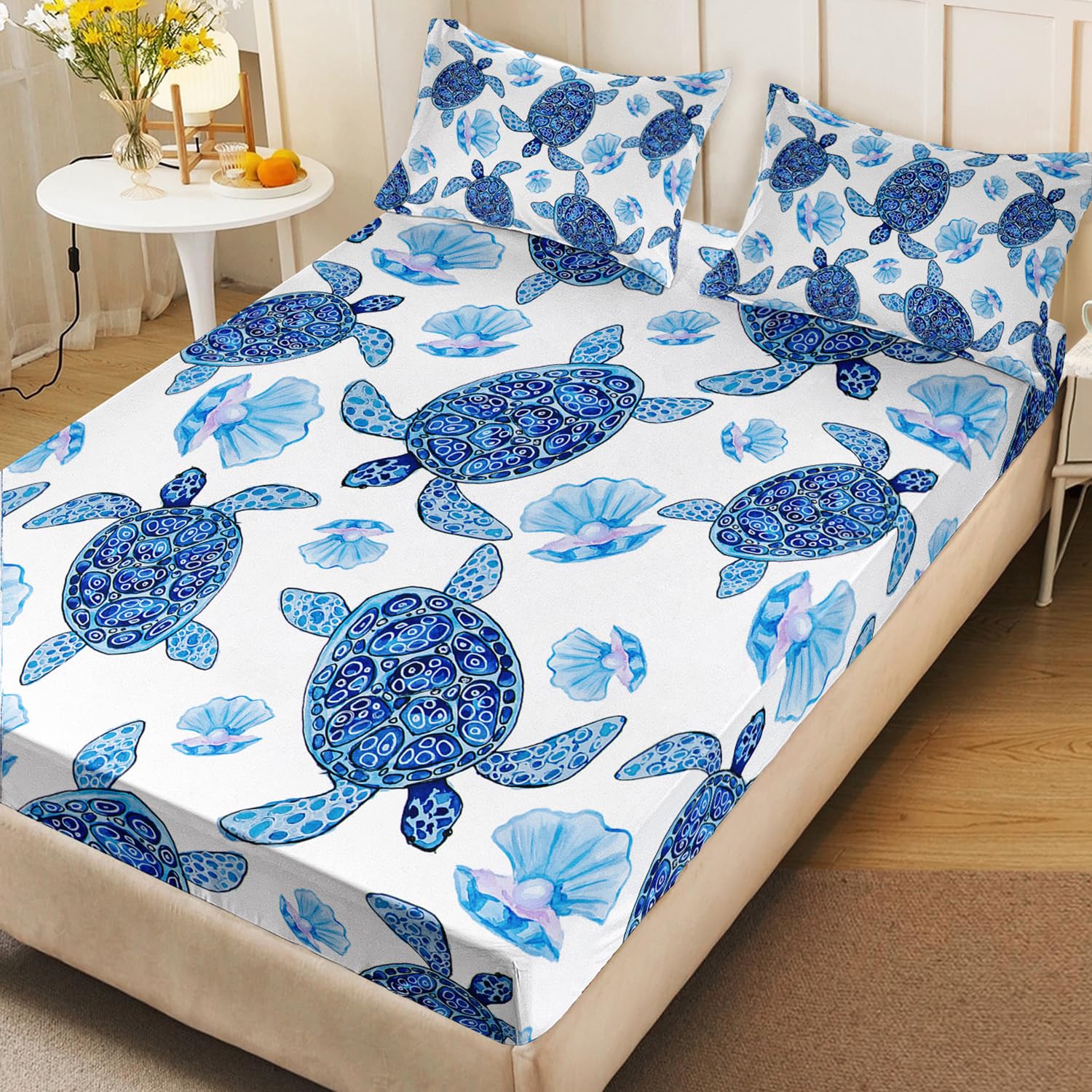 AILONEN Sea Turtle Fitted Sheet Set Twin XL Size, Blue Watercolour Turtle Soft Bedding Set for Kids Boys Room,Seashell Pearl Resistant Microfiber Sheets,1 Fitted Sheet 2 Pillowcases,3 PCS