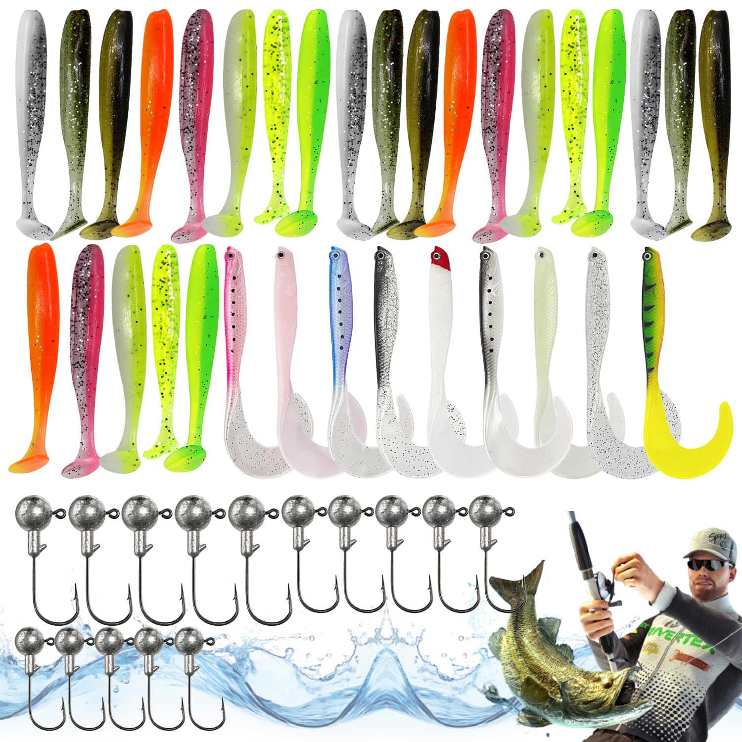 Señuelos Pesca Jig y Bait 48 Piezas 9cm 12cm 1g 2.5g Kit Spinning Lucio Black Bass