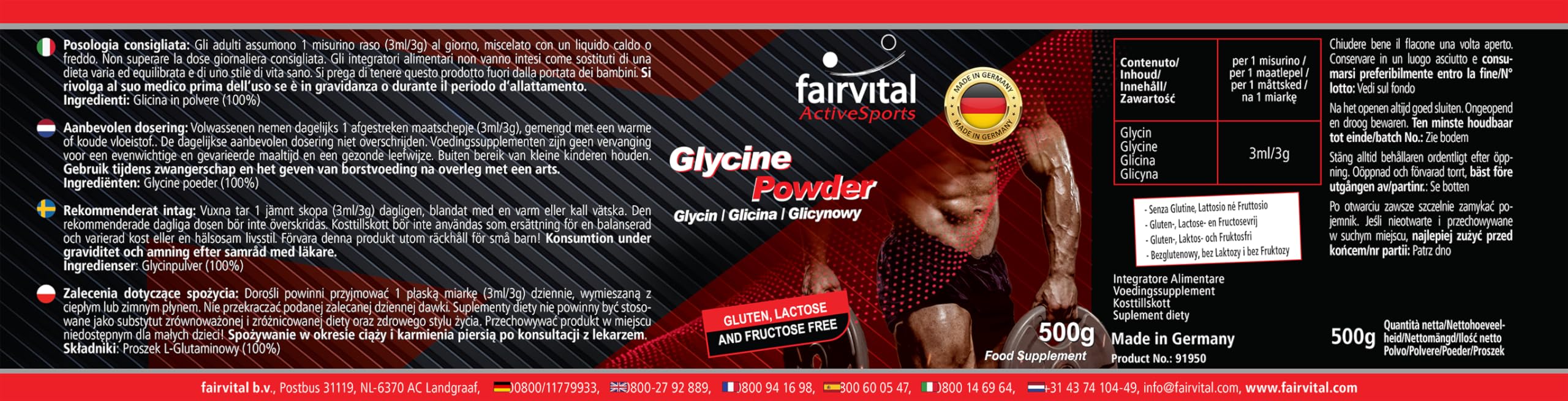 fairvital Glicina in polvere, 500 g, VEGANA, aminoacido, glicina in polvere pura al 100% senza additivi