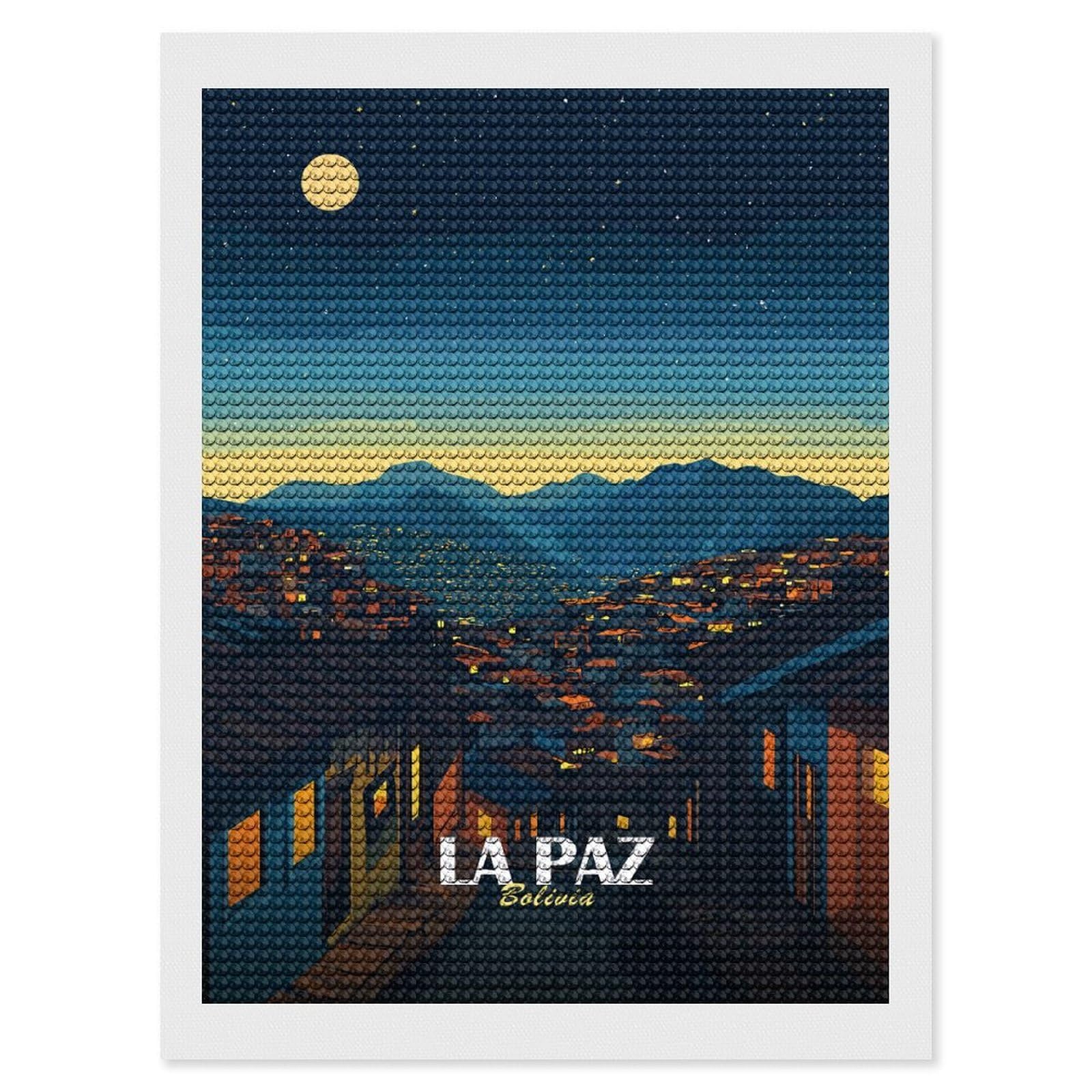 Junmoney La Paz, Bolivia Nightscape Illustration DIY Diamond Art Canvas Kit 12"x16", Relaxing DIY, Sparkling Crystal Beads, Vintage Style Decor, Holiday Gift Idea