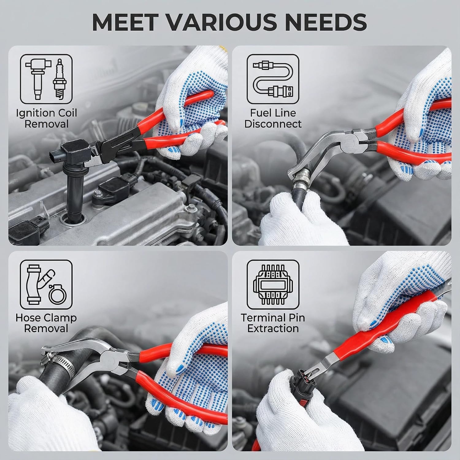 4Pcs Electrical Disconnect Pliers Set for Cars, Automotive Connector Removal Tool Kit with Hose Clamp Pliers, Fuel Line Disconnect Tools, Compatible with Cars, Trucks & SUVs
