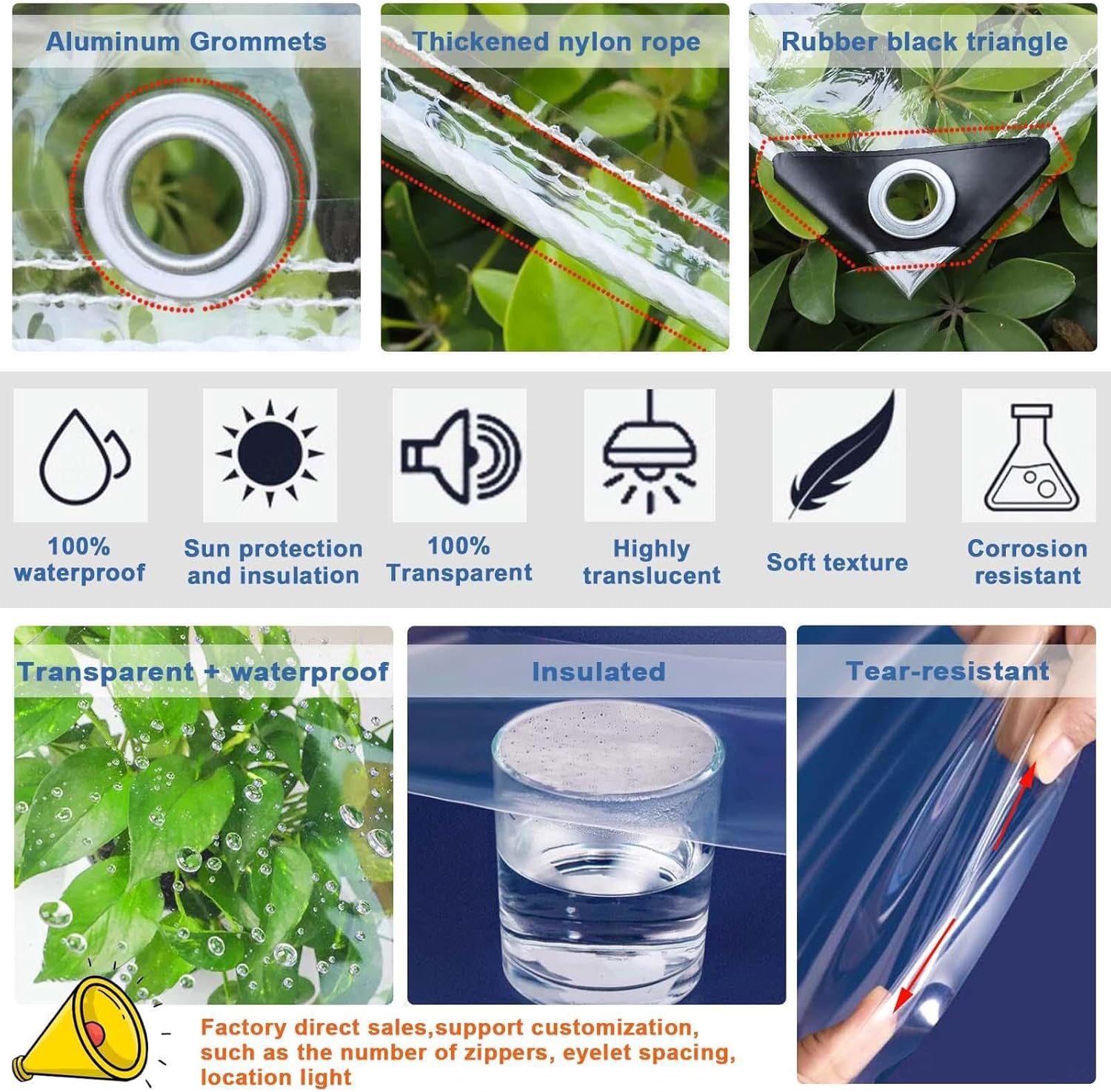 Zipper Tarpaulin Side Panels,Waterproof Transparent Tarp Curtains,PVC Vinyl Canopy,0.5mm Heavy Duty Gazebo Garage Porch Pergola Divider Curtains with Metal Eyelets,Insulation,W×H-3.2×2.5/10.5×8.2ft