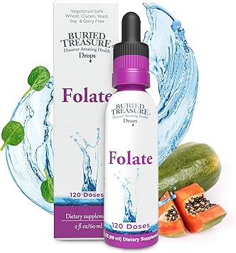 Buried Treasure Folate Drops - Methylated B-9 Calcium L-5 Methyltetrahydrofolate, Supports Energy Production, Heart Health, and Pregnancy, 5-MTHF Supplement Vegan Safe, 120 Servings