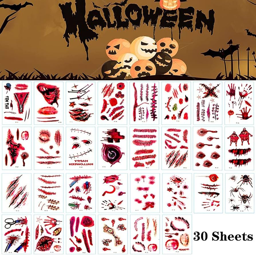 Cicatrices Halloween Tatuajes Temporales Halloween Cicatrices Tatuajes Temporales Pegatinas Tatuajes de Halloween Zombie Cicatrices Tatuajes Pegatinas con Falso Scab Sangre Tatuajes Heridas 20 Hojas