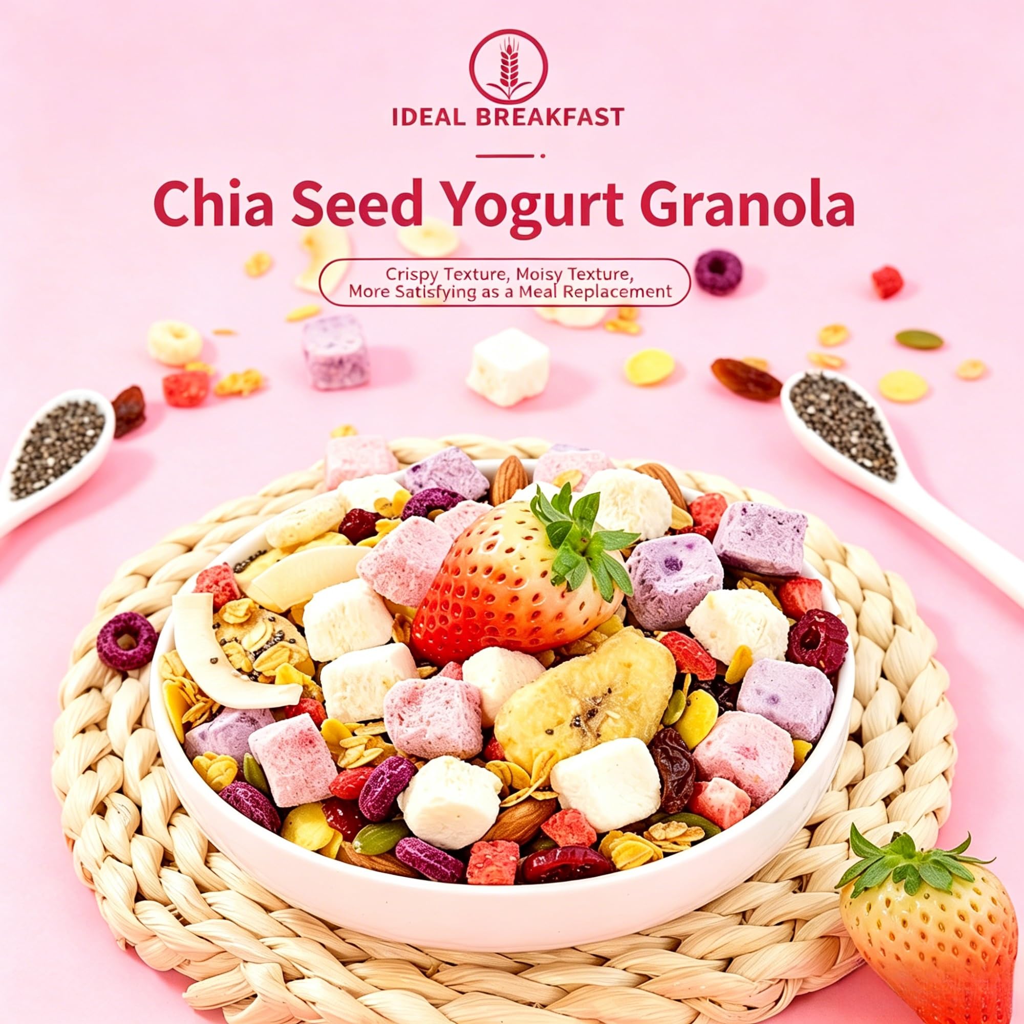 Cereal de yogur con semillas de chía: avena mezclada con trozos de fruta y bocadillos integrales(3pcs)