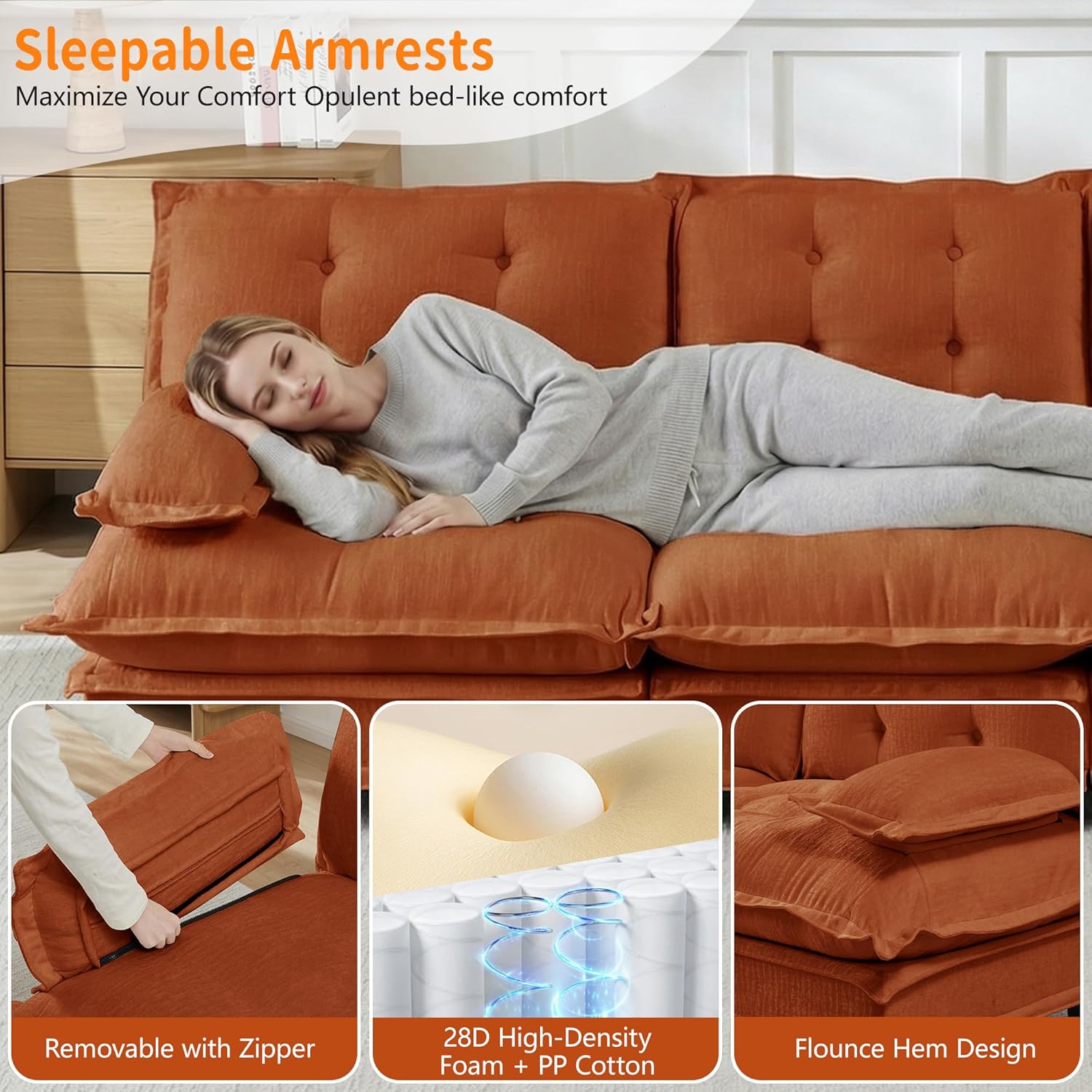 77'' Modular Sectional Couch, Loveseat Chenille Cloud Sofa, Orange Couch with Deep Seat for Living Room