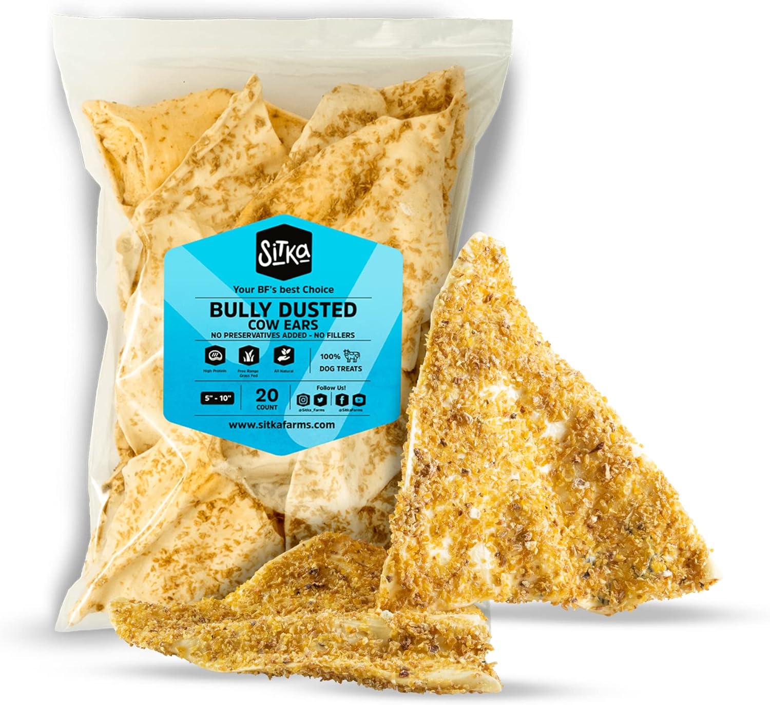 Sitka Farms Bully Dusted Cow Ears for Dogs 20 Count - 100% Natural Premium No Hide Dog Chews for Small, Medium and Large Dogs - Free Range Grass Feed Cattle