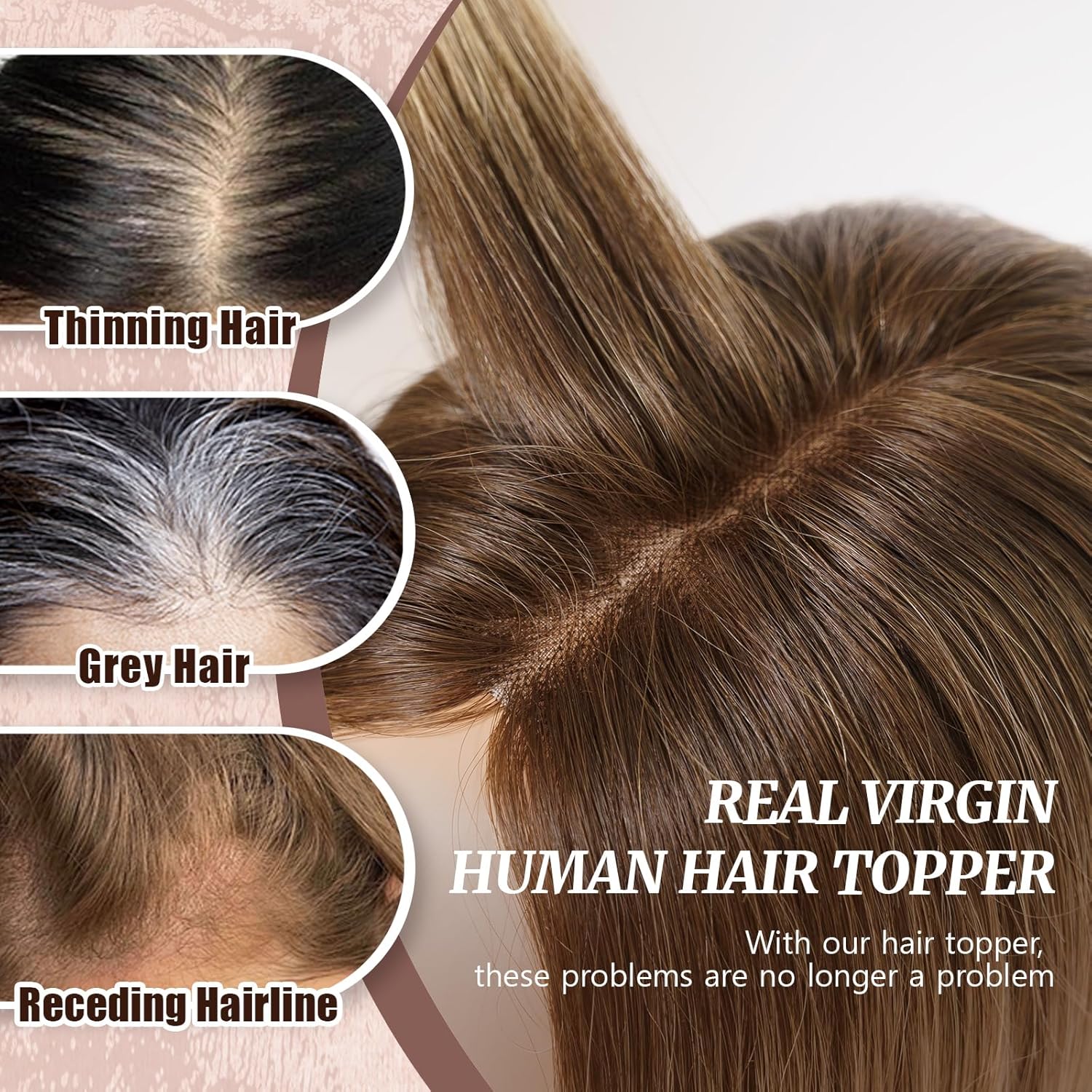 Hair Toppers for Women Real Human Hair Mono Base 5x6 Inch Pure Virgin Hair Topper for Thinning Hair 360° Coverage Hairpieces Hand-stitched No Tangle Clip on Hairtoppers (14 Inch, #B3/9/23)